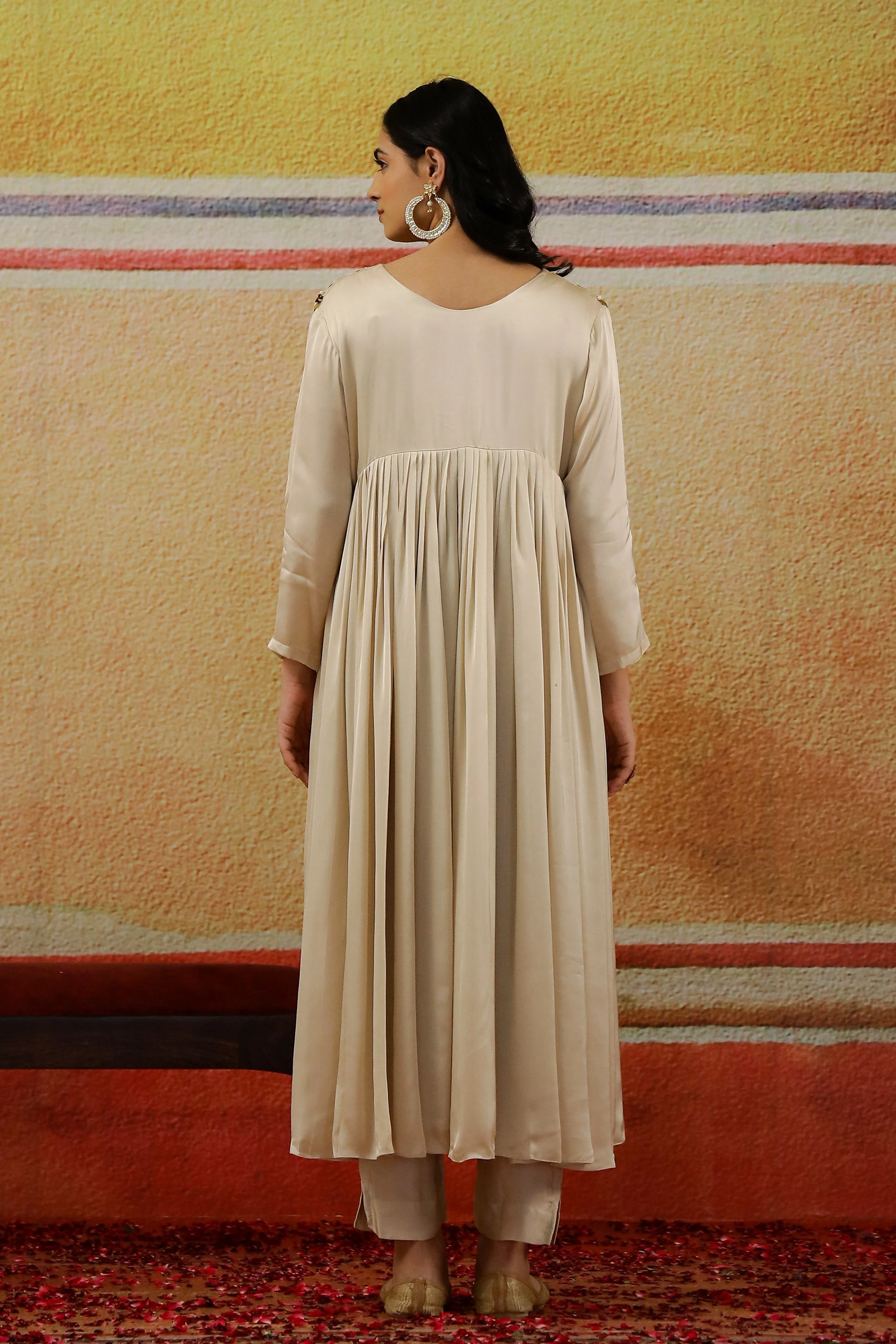 Champagne Embellished Satin Silk Anarkali Set - Image 5