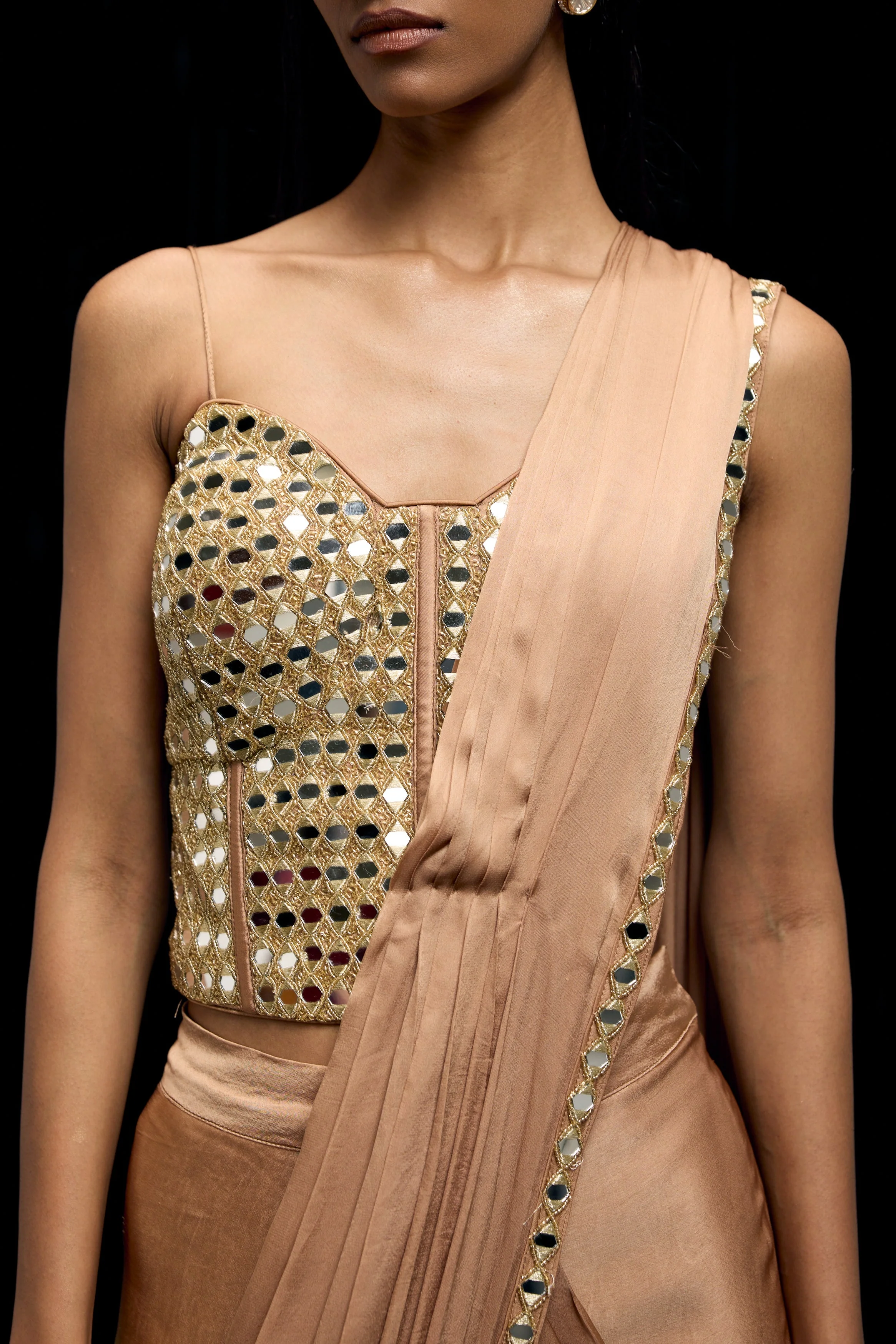 Champagne Gold Embellished Satin Silk Draped Saree - Image 2