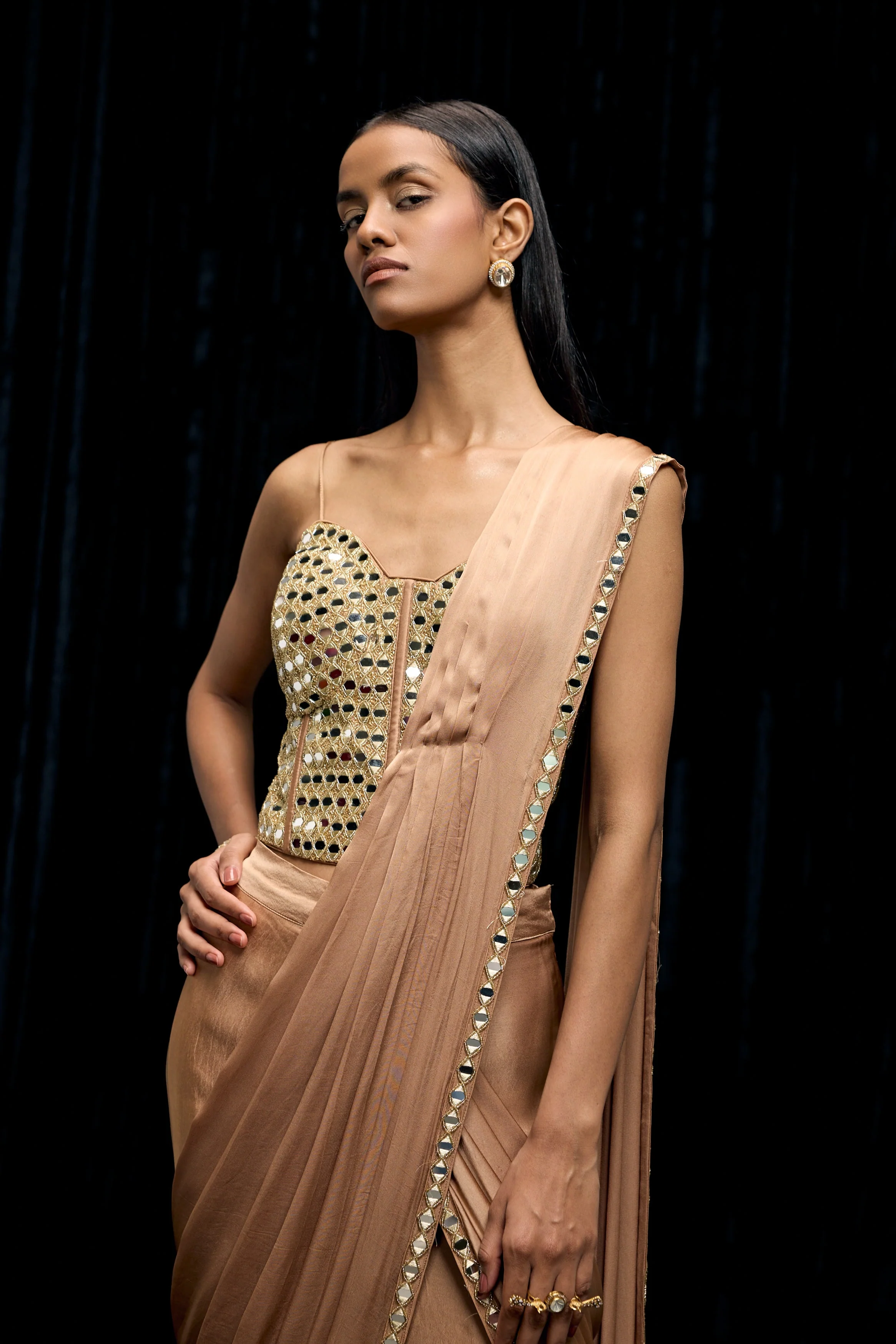 Champagne Gold Embellished Satin Silk Draped Saree - Image 3