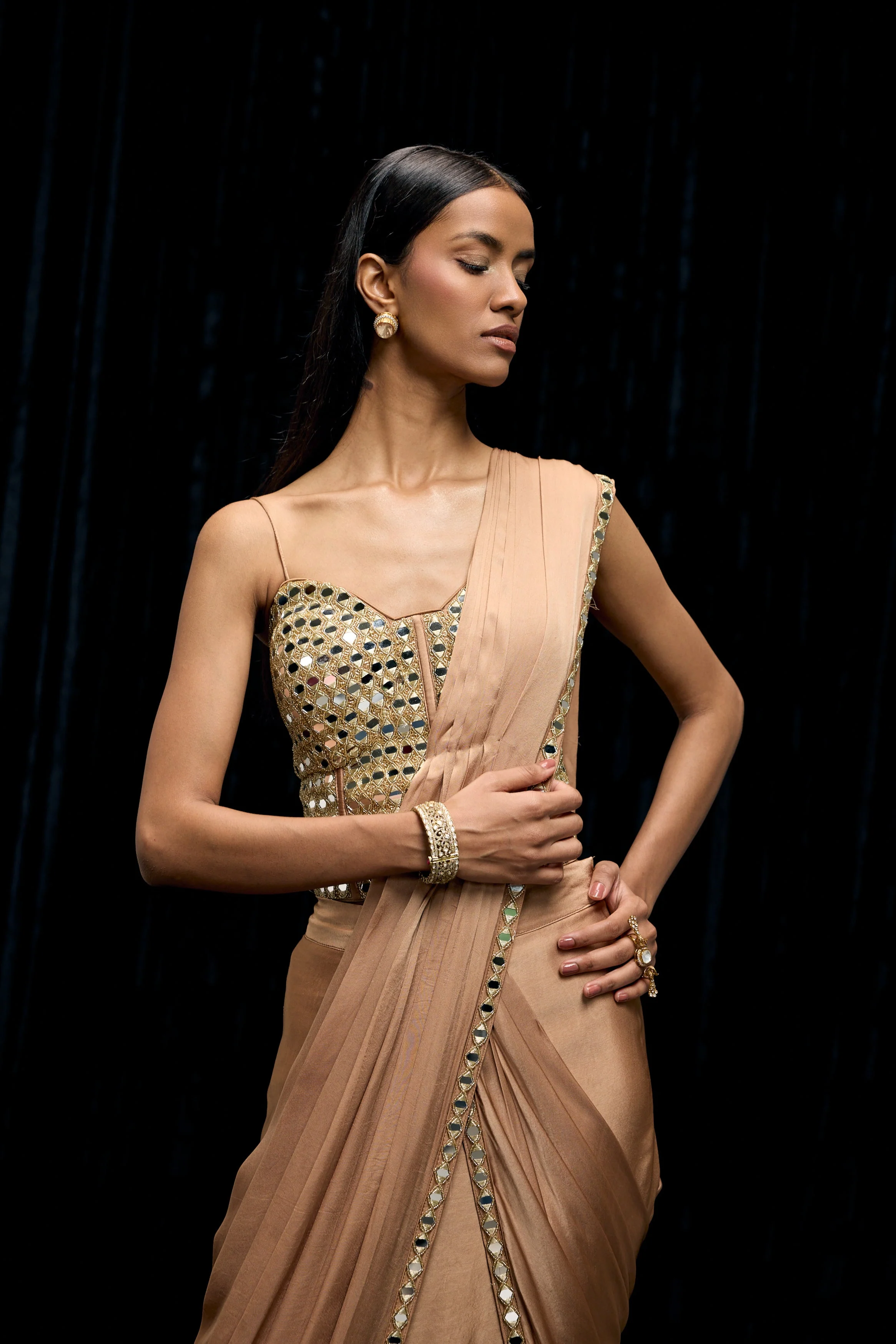 Champagne Gold Embellished Satin Silk Draped Saree - Image 4