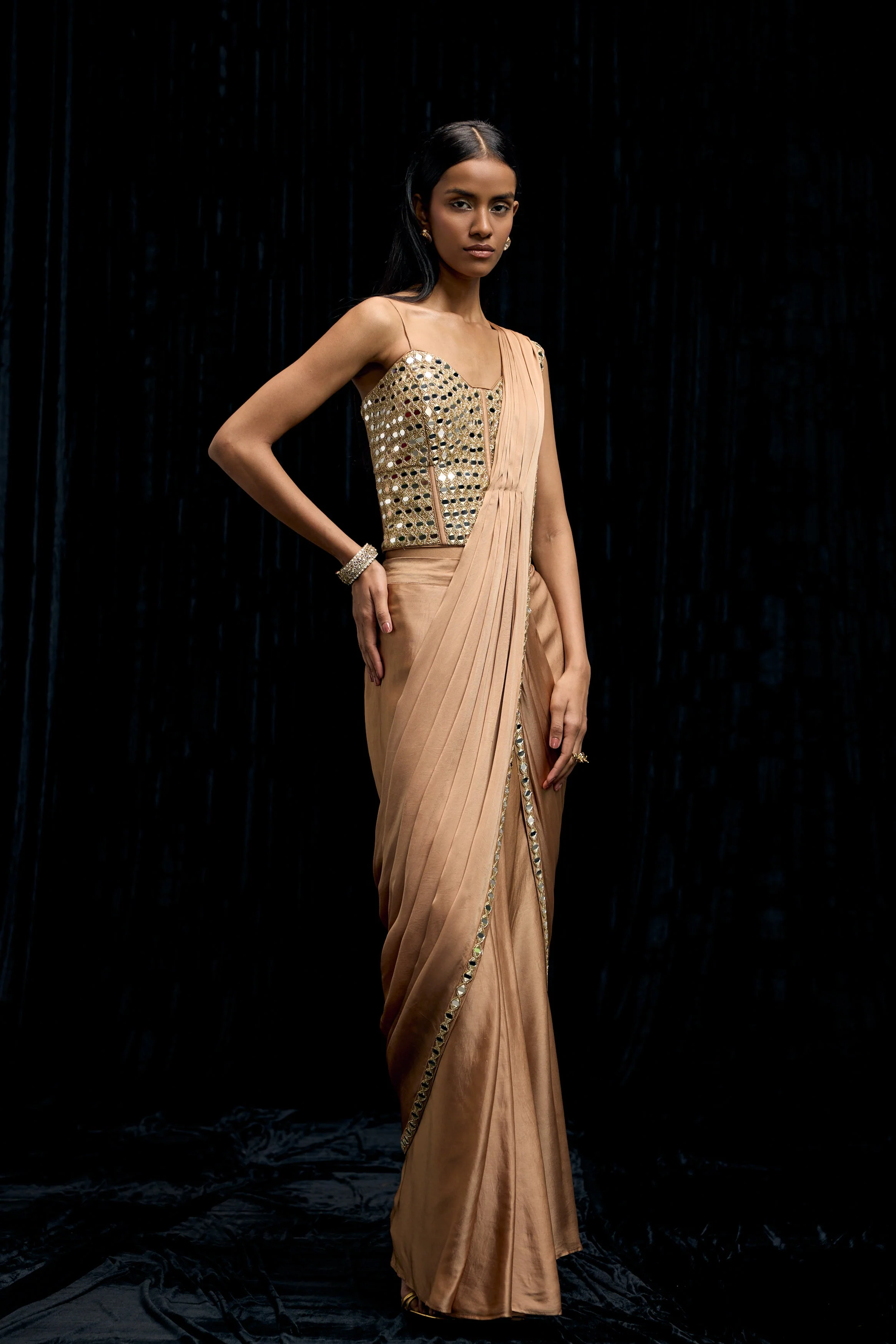 Champagne Gold Embellished Satin Silk Draped Saree - Image 6