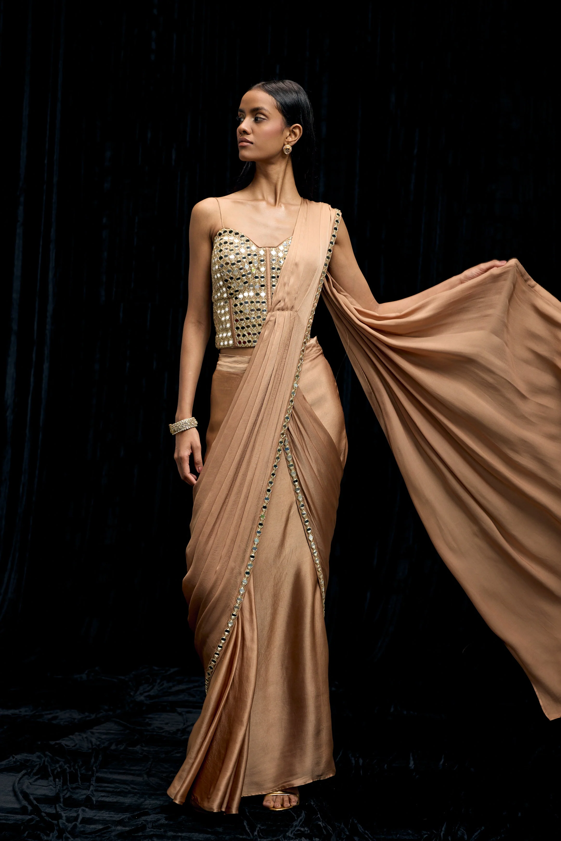 Champagne Gold Embellished Satin Silk Draped Saree - Image 7