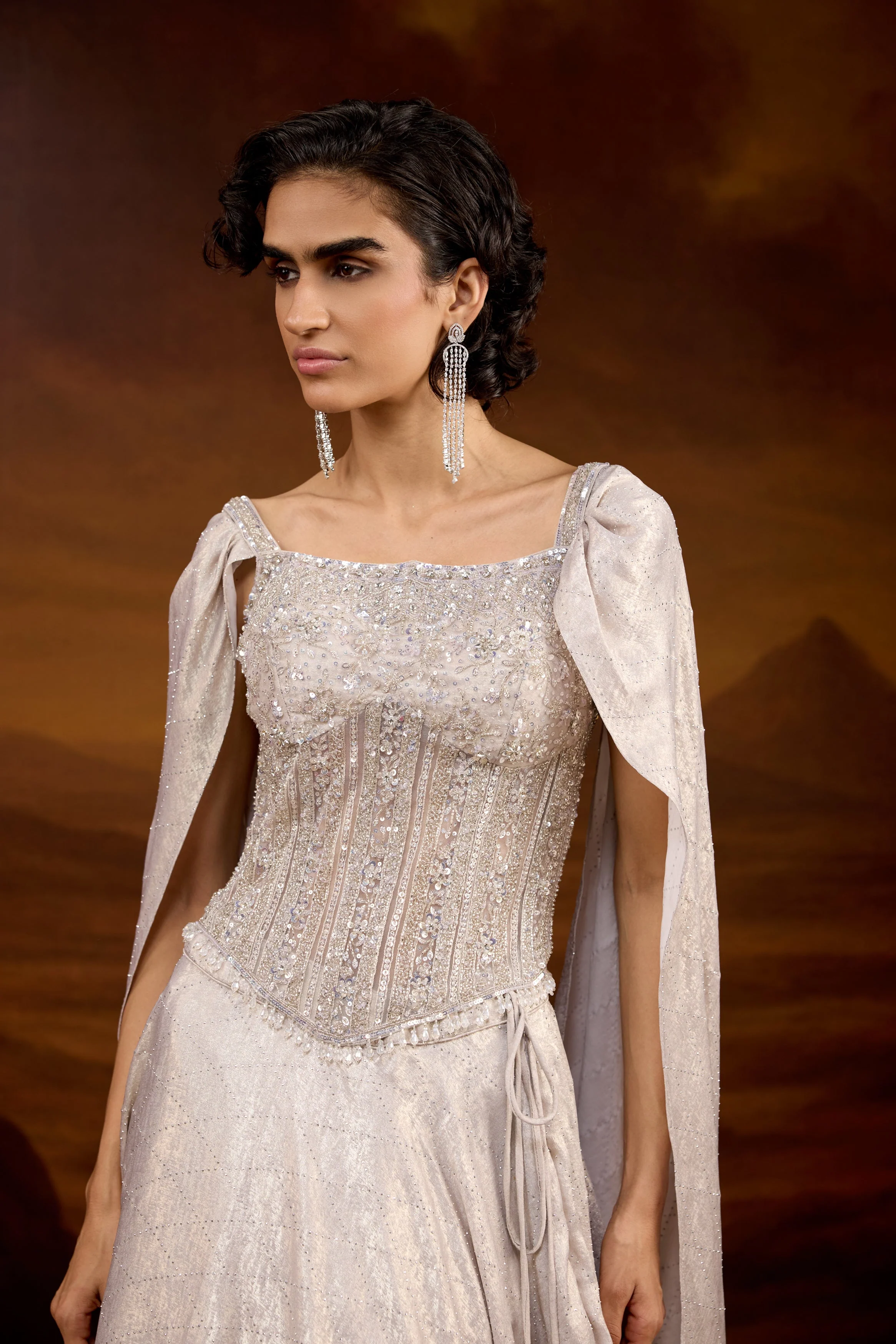Champagne Silver Embellished Raw Silk Silk Lehenga Set - Image 3
