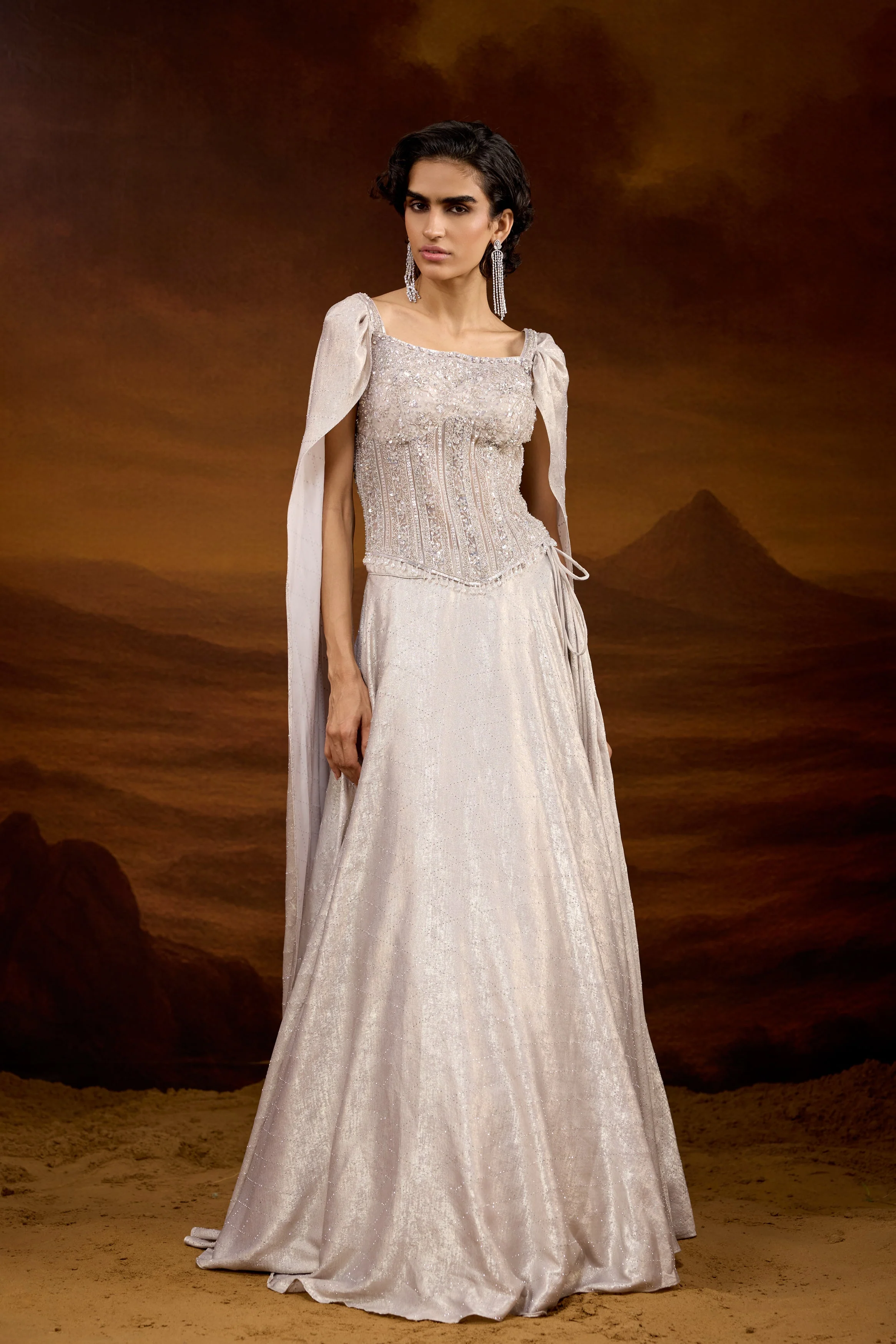Champagne Silver Embellished Raw Silk Silk Lehenga Set - Image 4