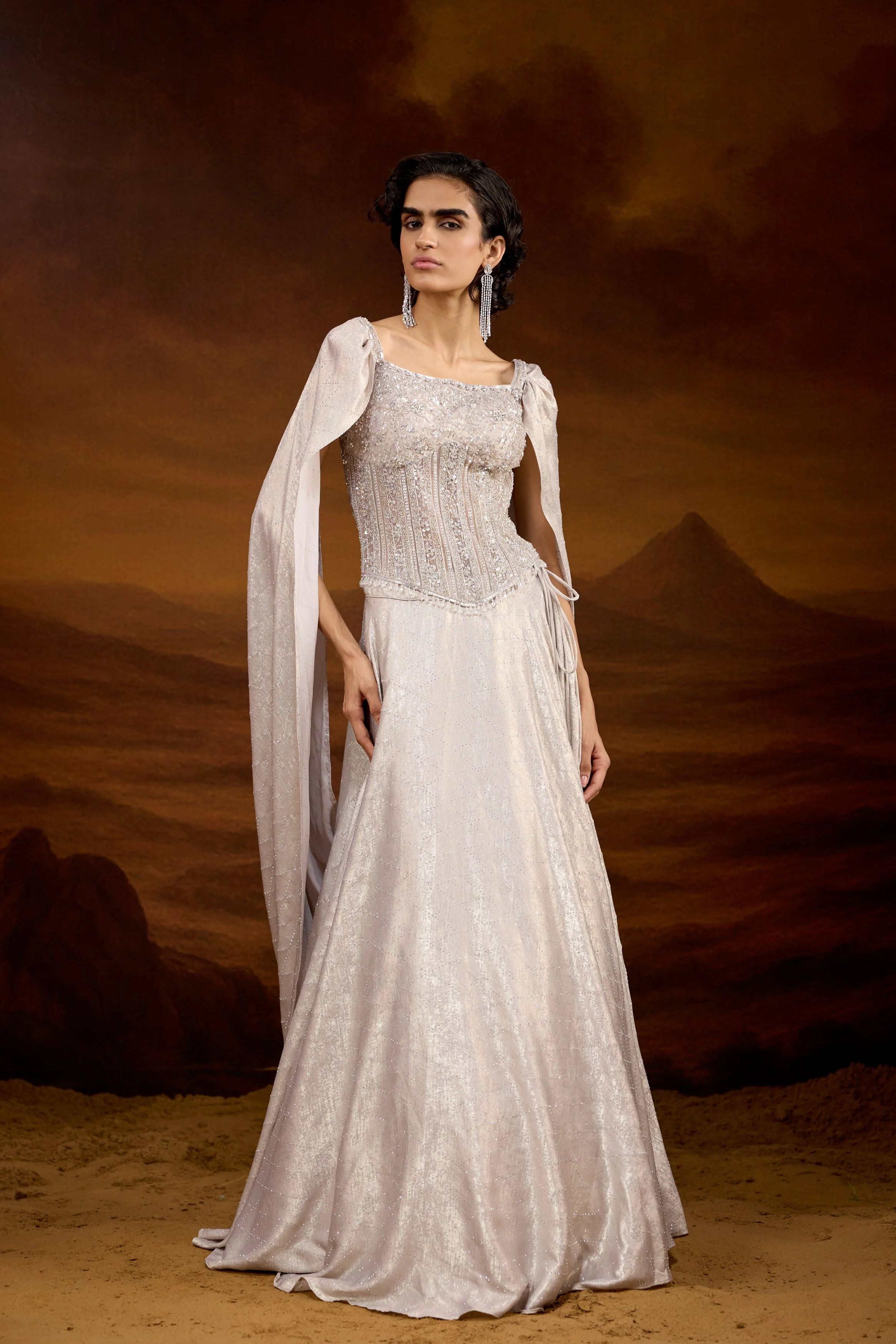Champagne Silver Embellished Raw Silk Silk Lehenga Set - Image 5