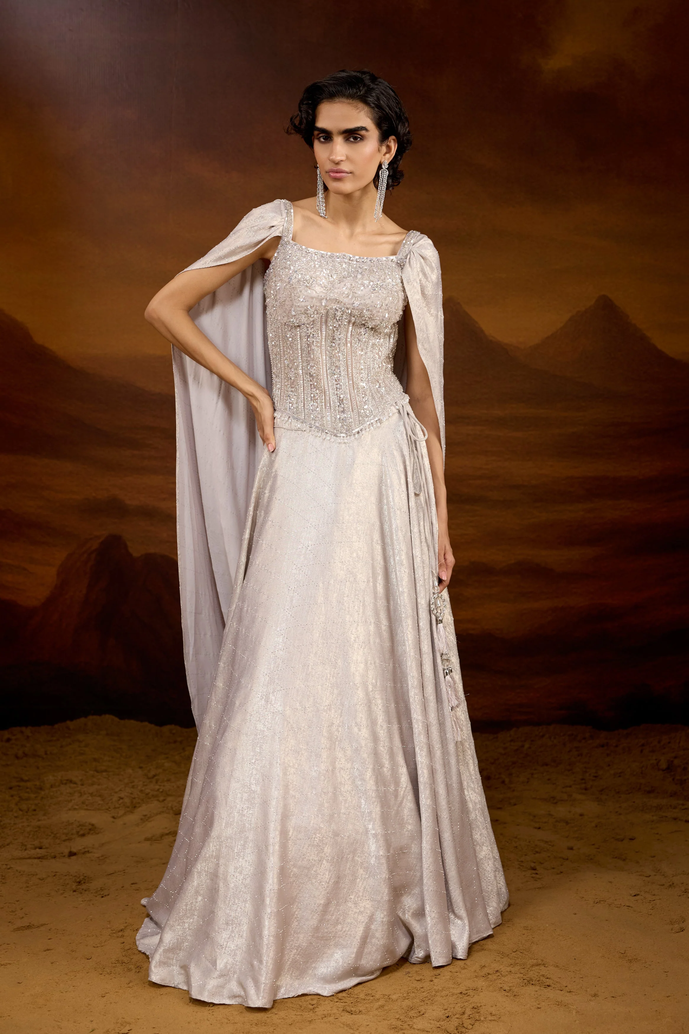 Champagne Silver Embellished Raw Silk Silk Lehenga Set - Image 6