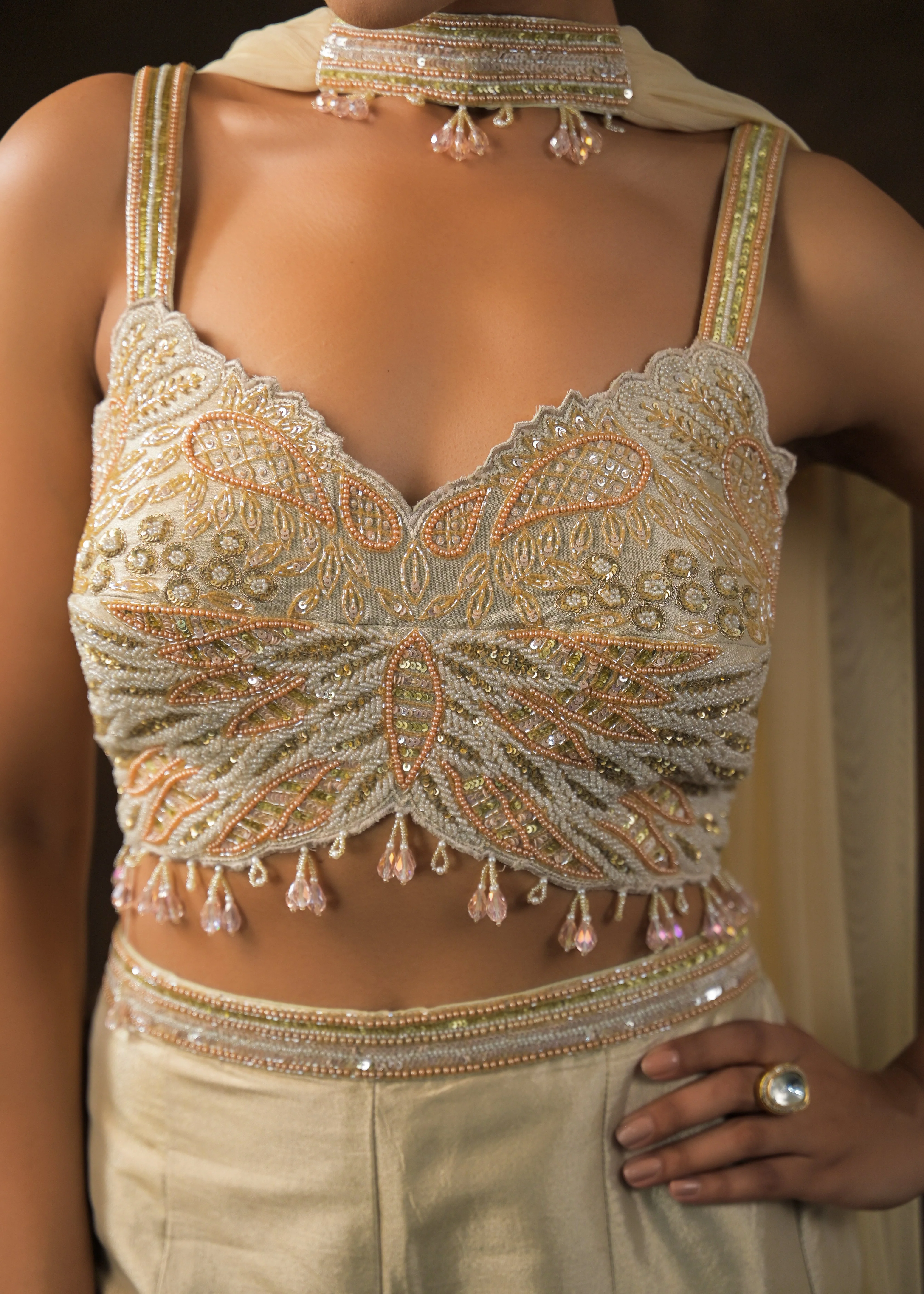Champagne Gold Embellished Brocade Silk Sharara Set - Image 2