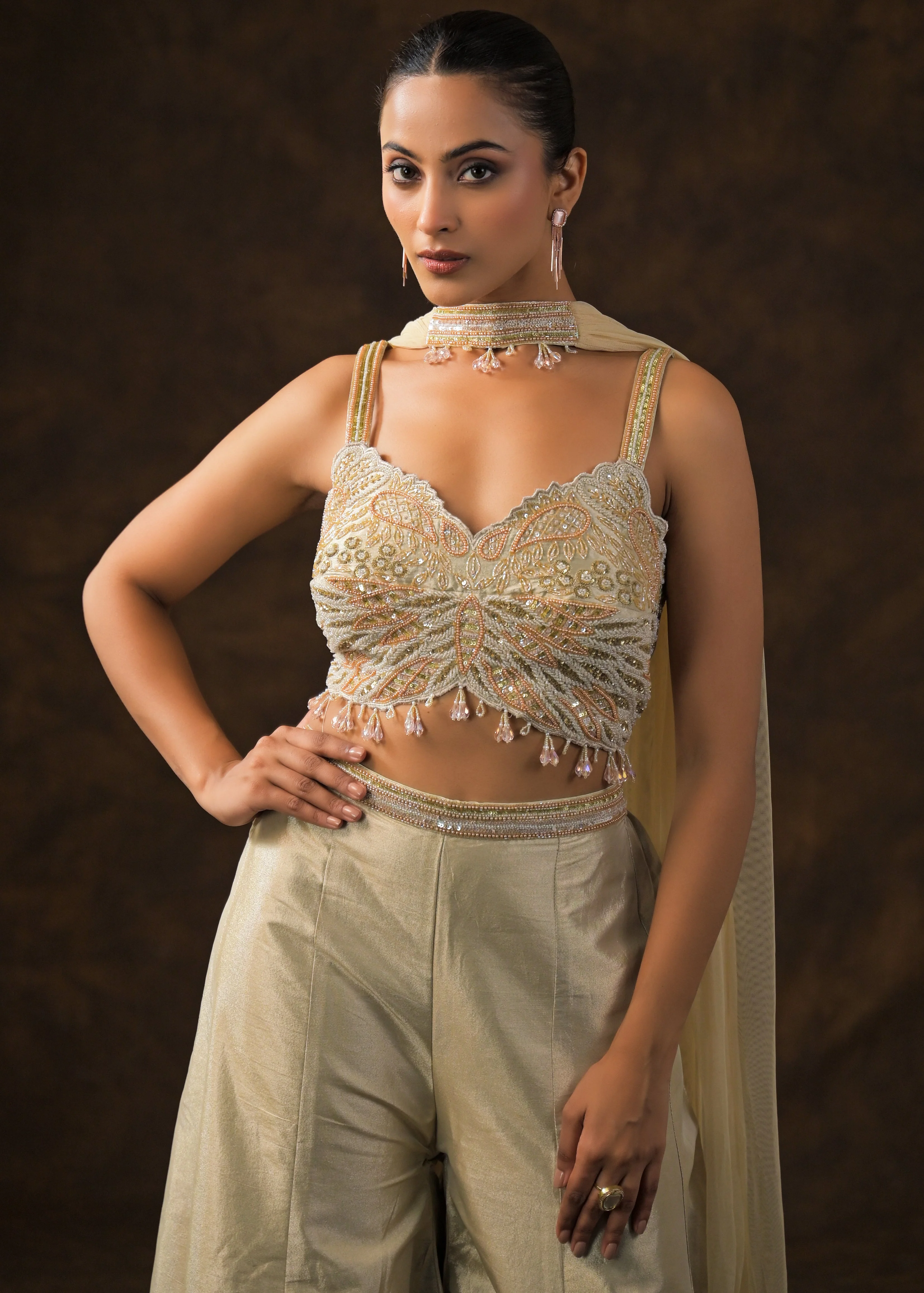 Champagne Gold Embellished Brocade Silk Sharara Set - Image 3