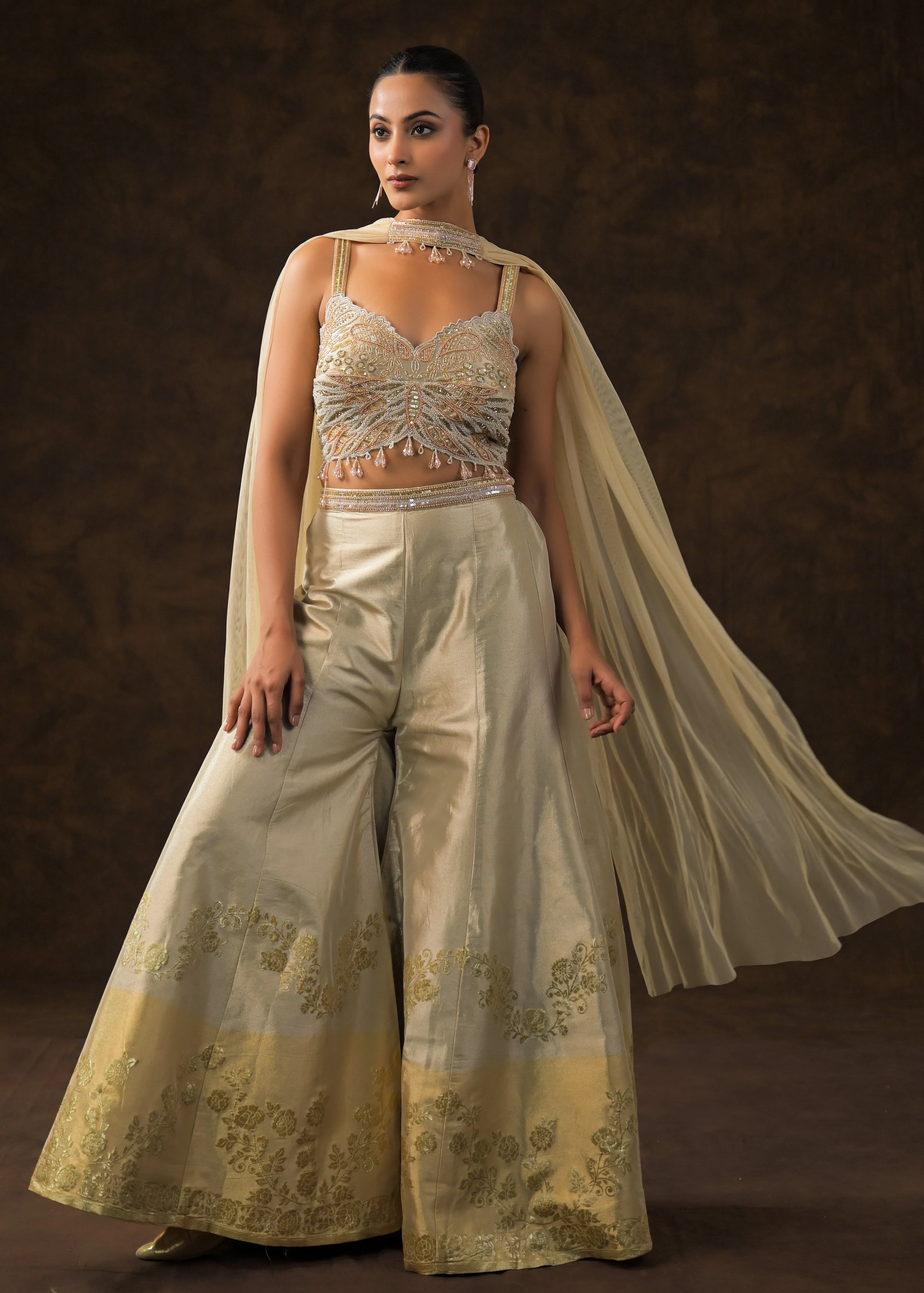 Champagne Gold Embellished Brocade Silk Sharara Set - Image 4
