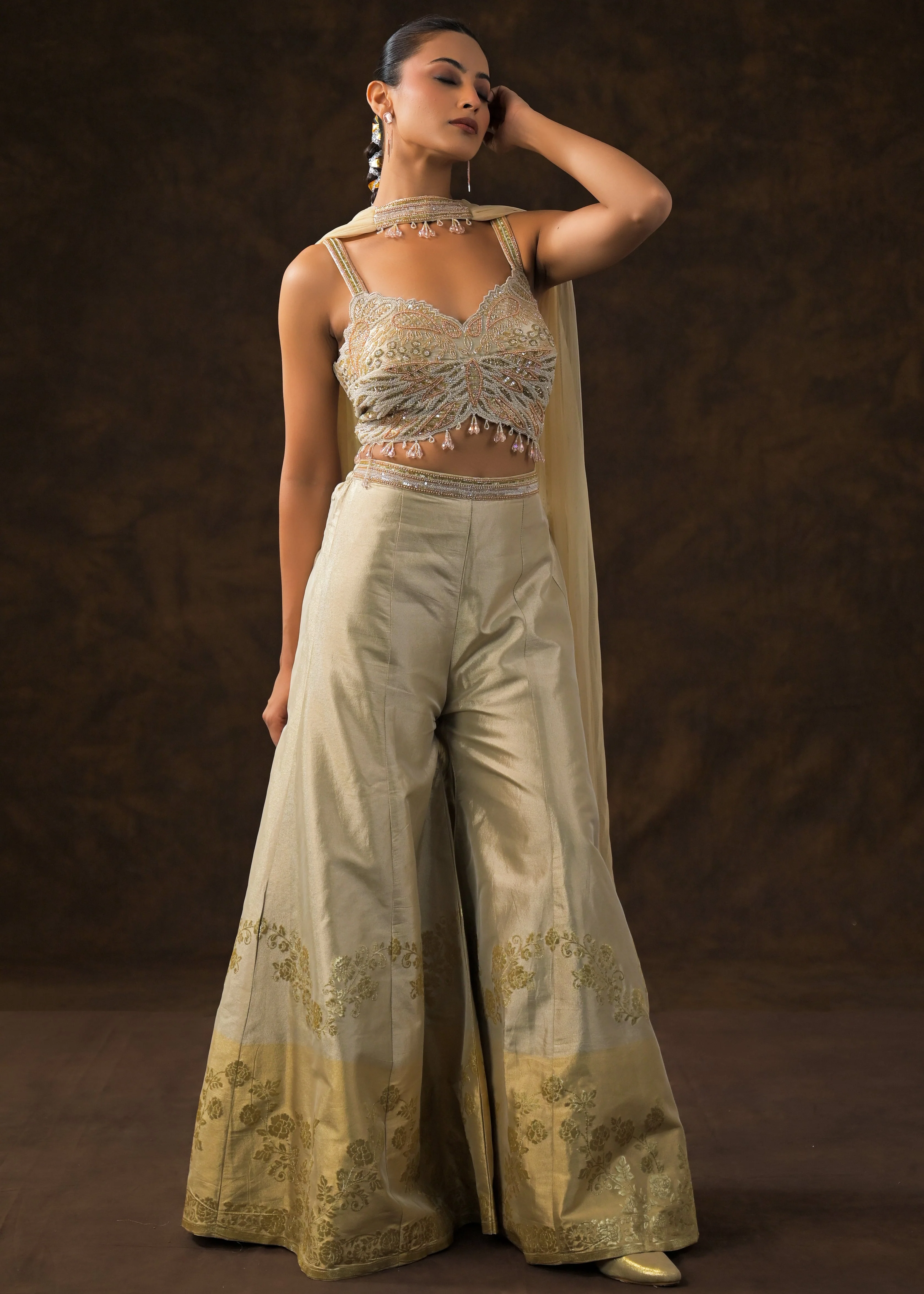 Champagne Gold Embellished Brocade Silk Sharara Set - Image 5