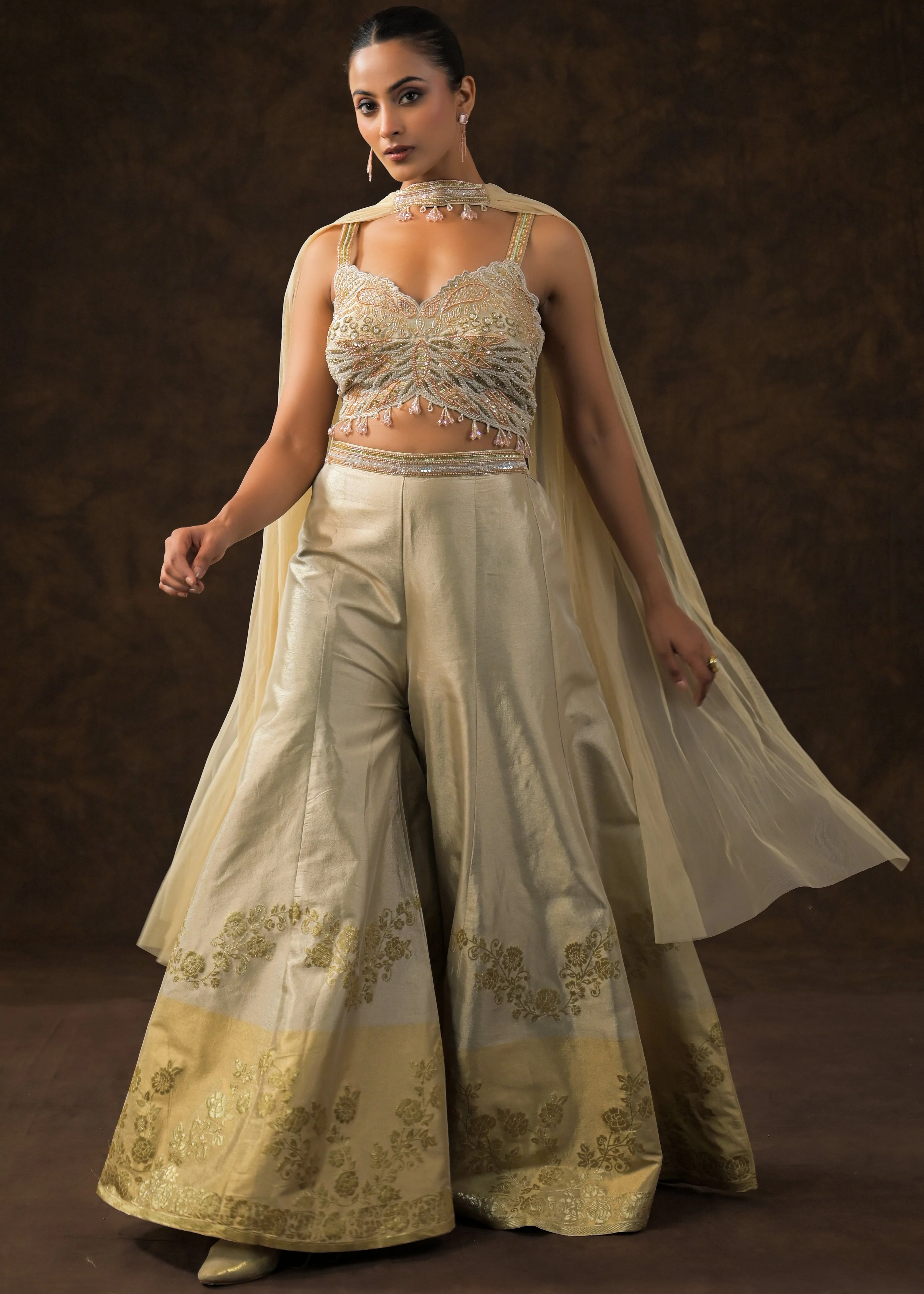 Champagne Gold Embellished Brocade Silk Sharara Set - Image 6