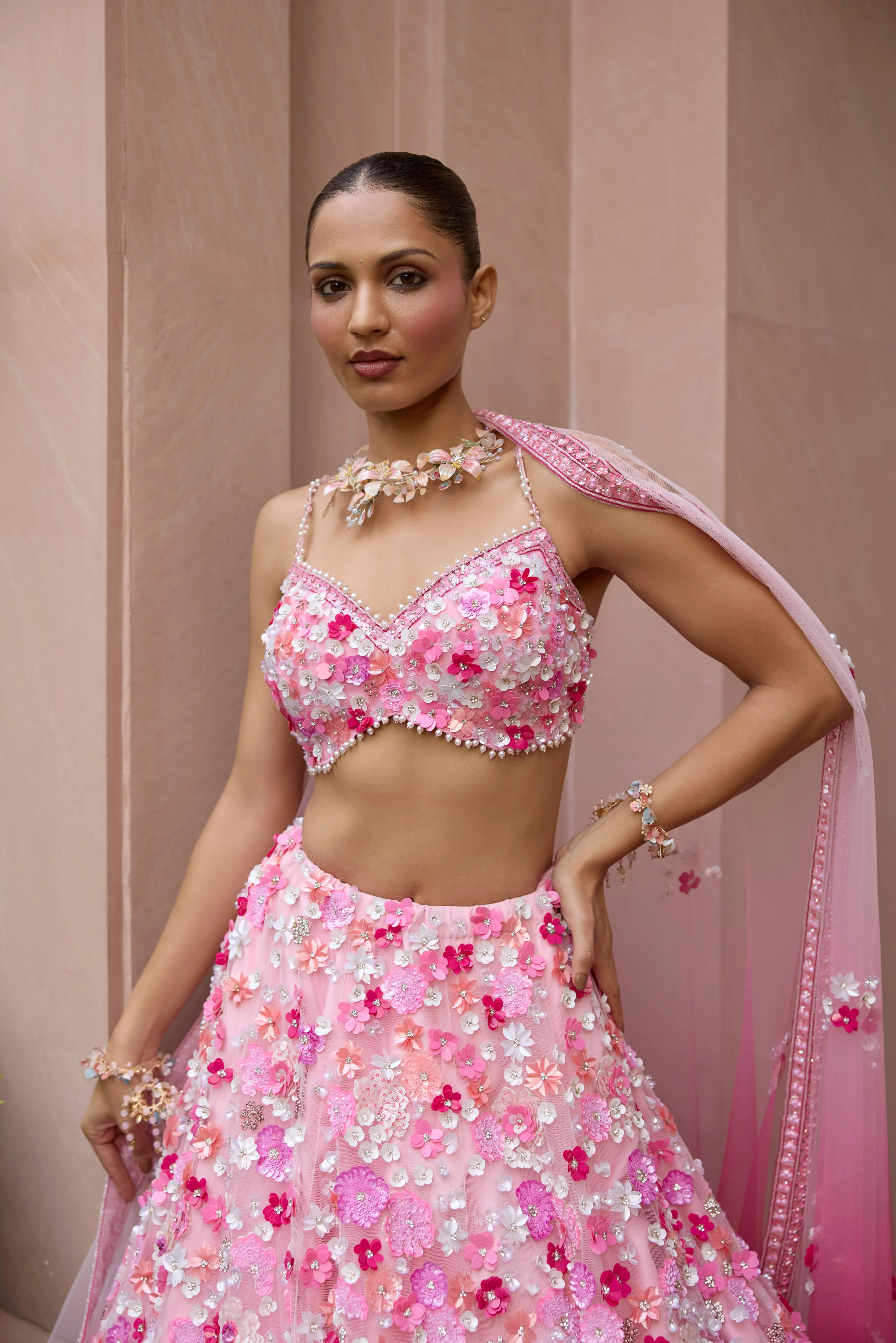 Floral Pink Ombre Embellished Premium Lehenga Set - Image 2