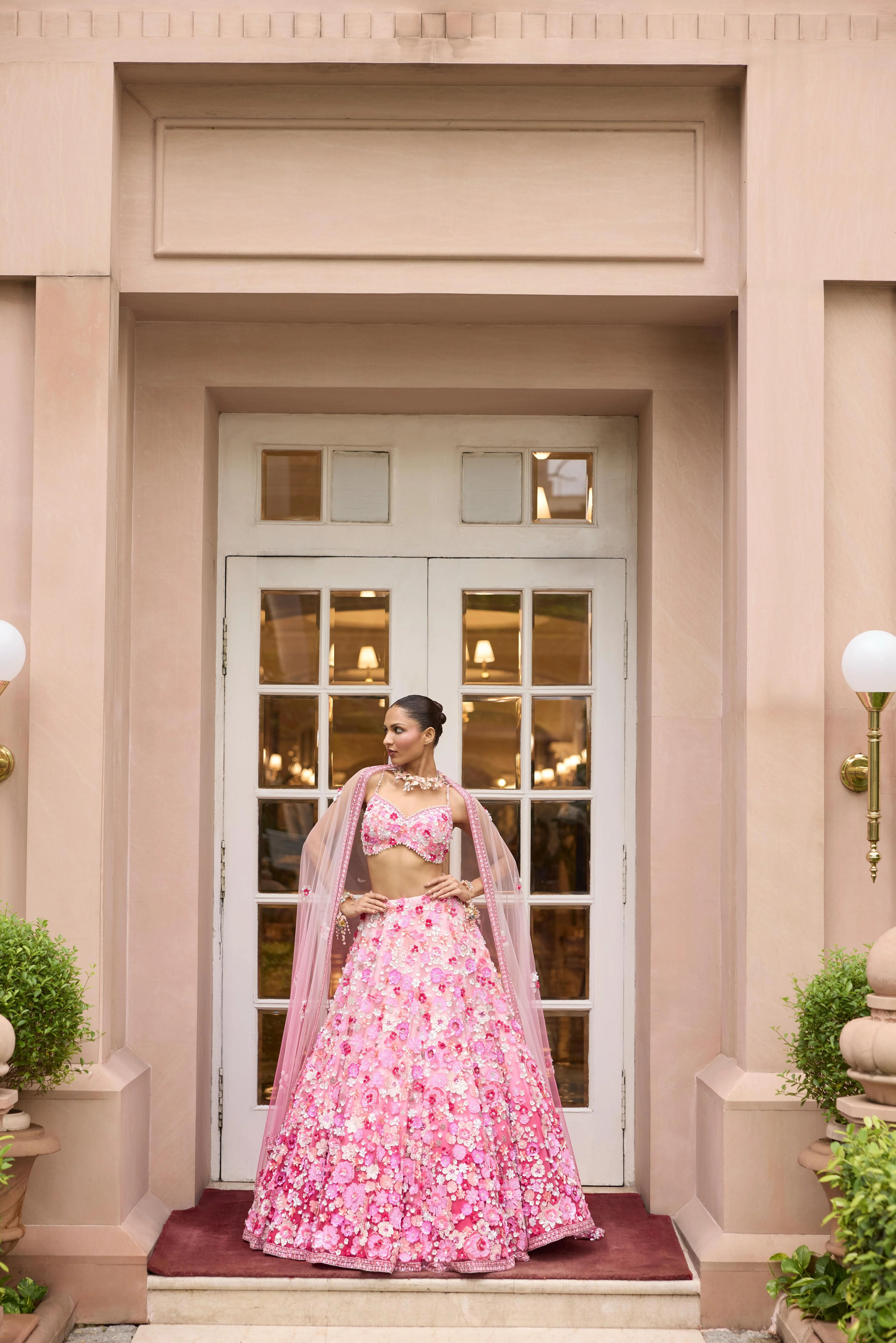 Floral Pink Ombre Embellished Premium Lehenga Set - Image 4