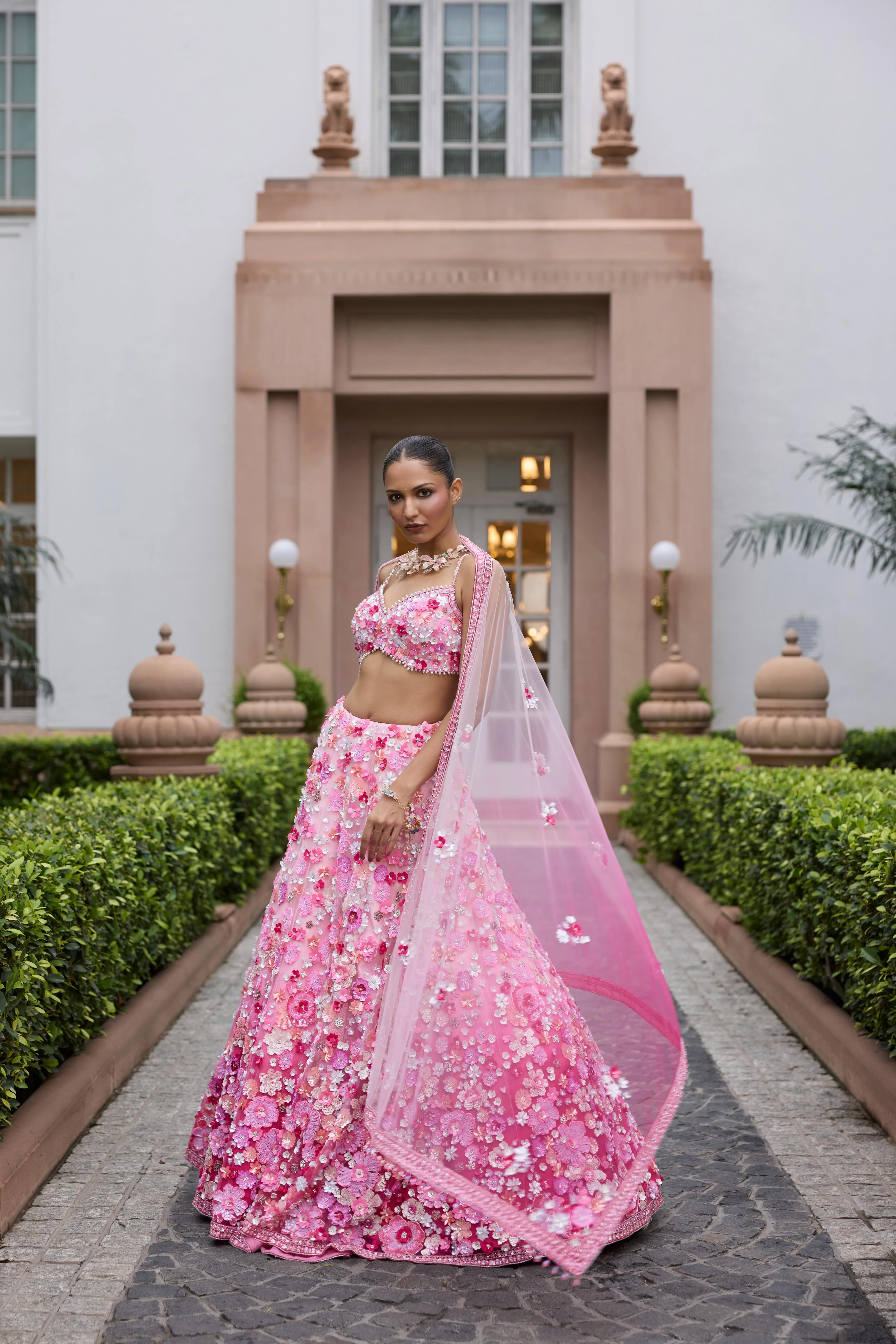 Floral Pink Ombre Embellished Premium Lehenga Set - Image 5