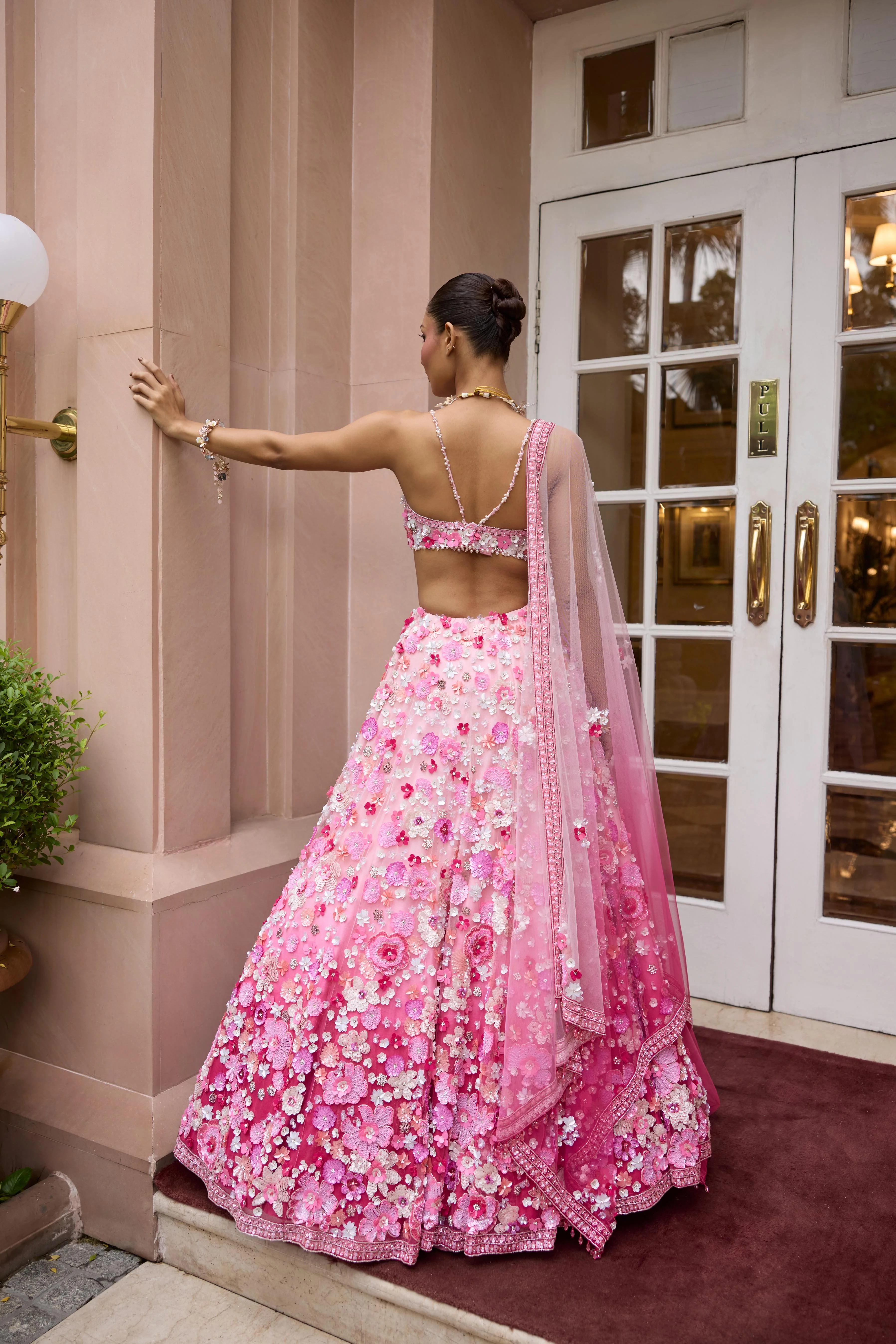 Floral Pink Ombre Embellished Premium Lehenga Set - Image 6