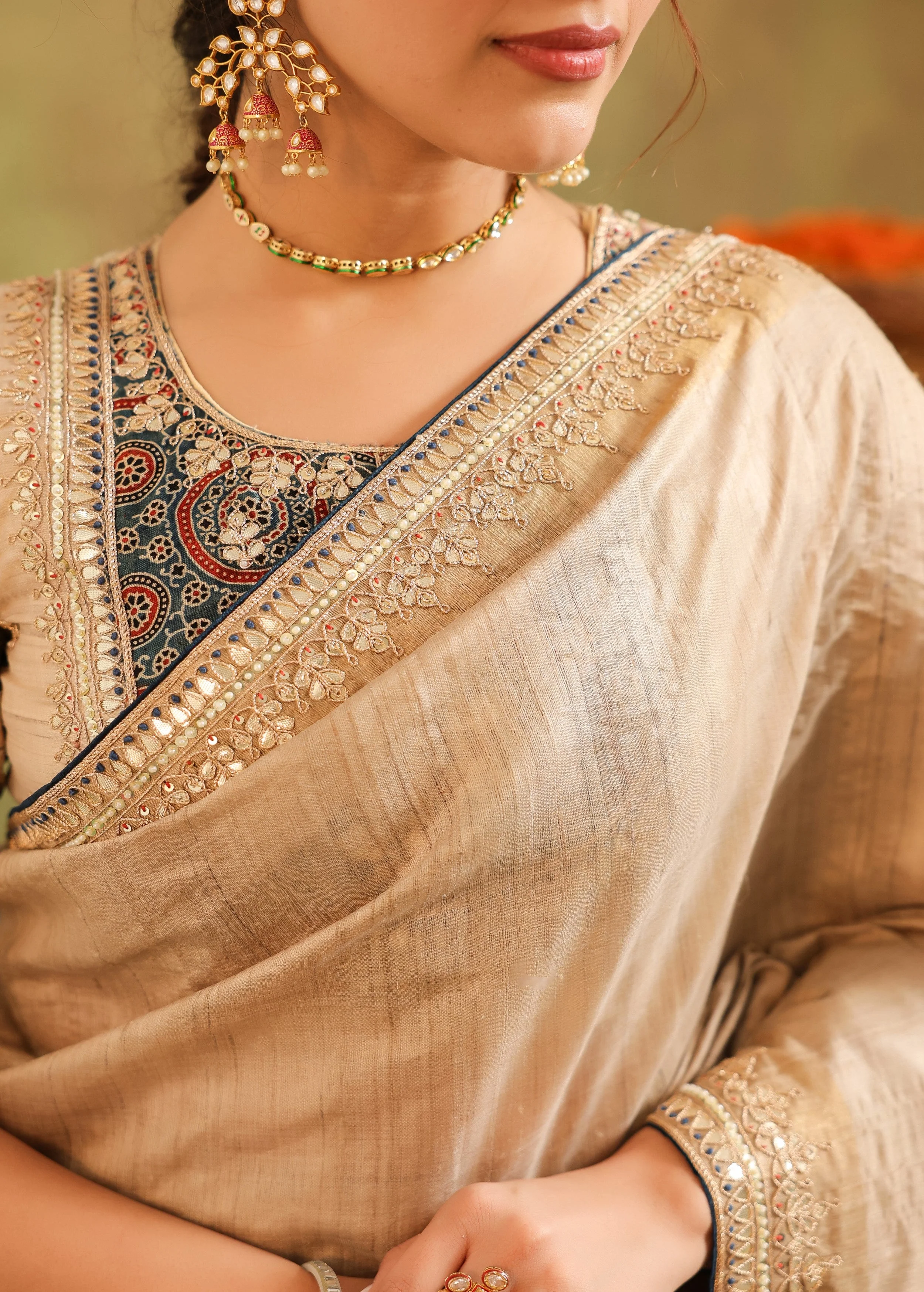 Champagne Gold Embellished Premium Silk Saree - Image 3