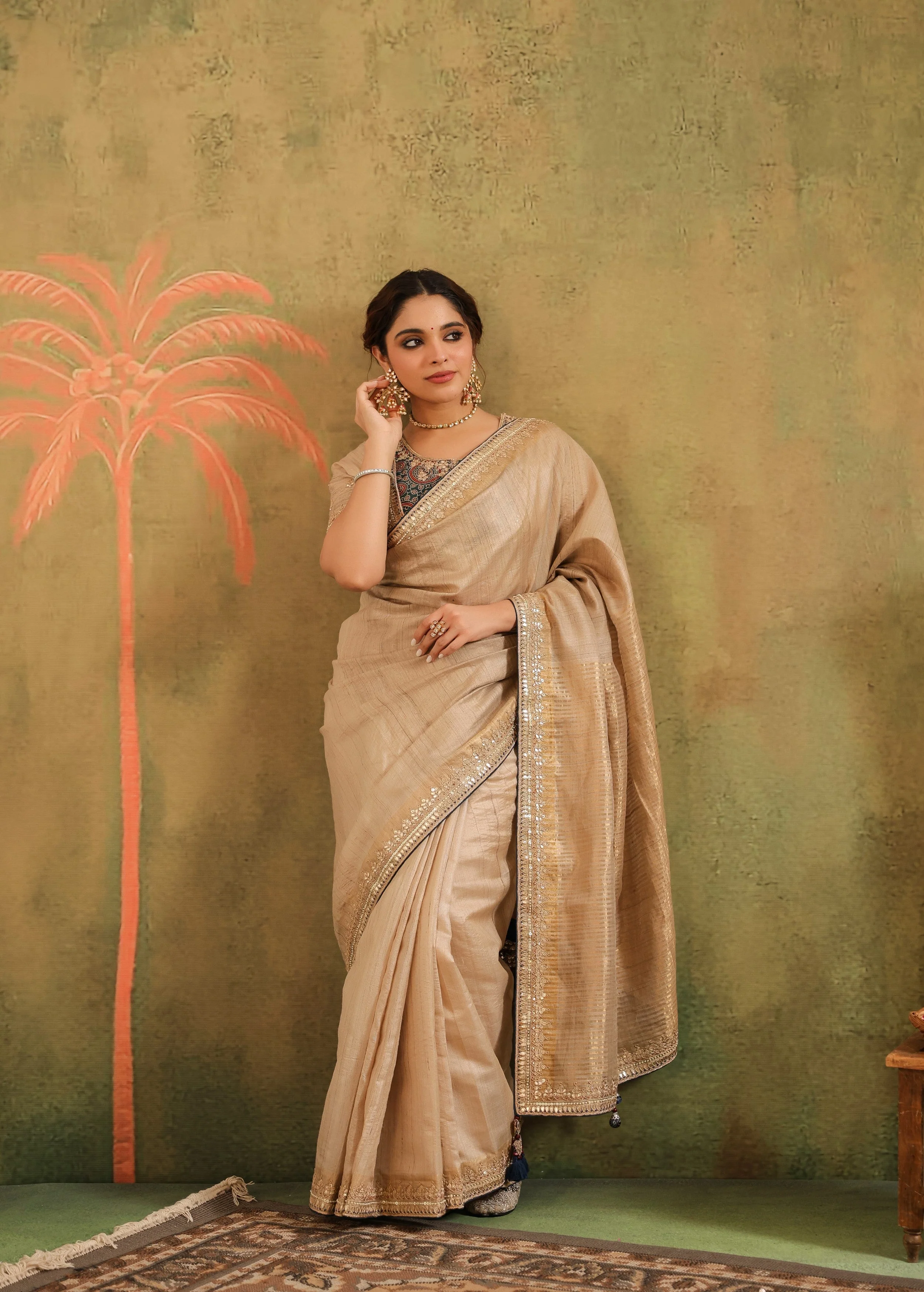 Champagne Gold Embellished Premium Silk Saree - Image 4