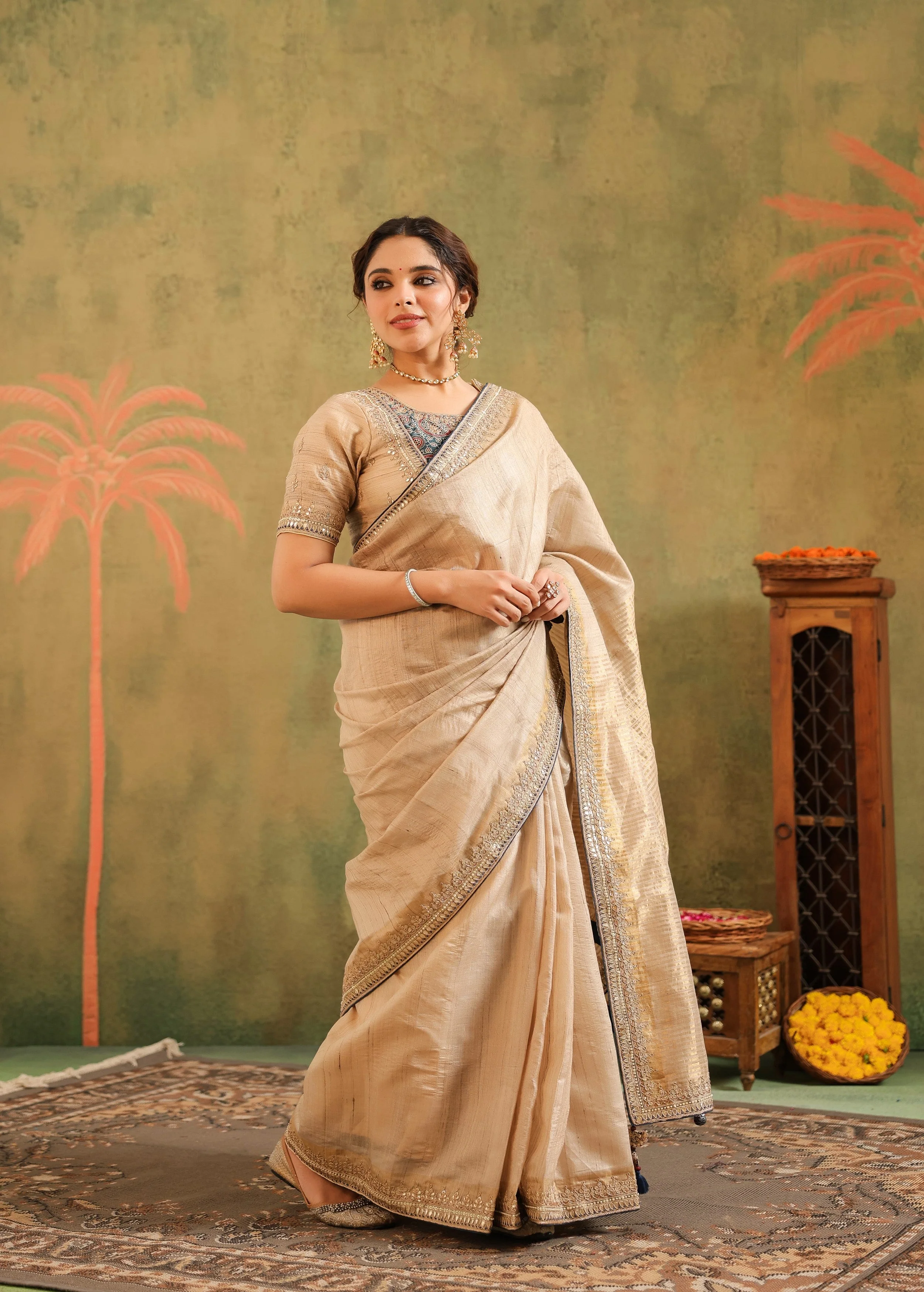 Champagne Gold Embellished Premium Silk Saree - Image 6