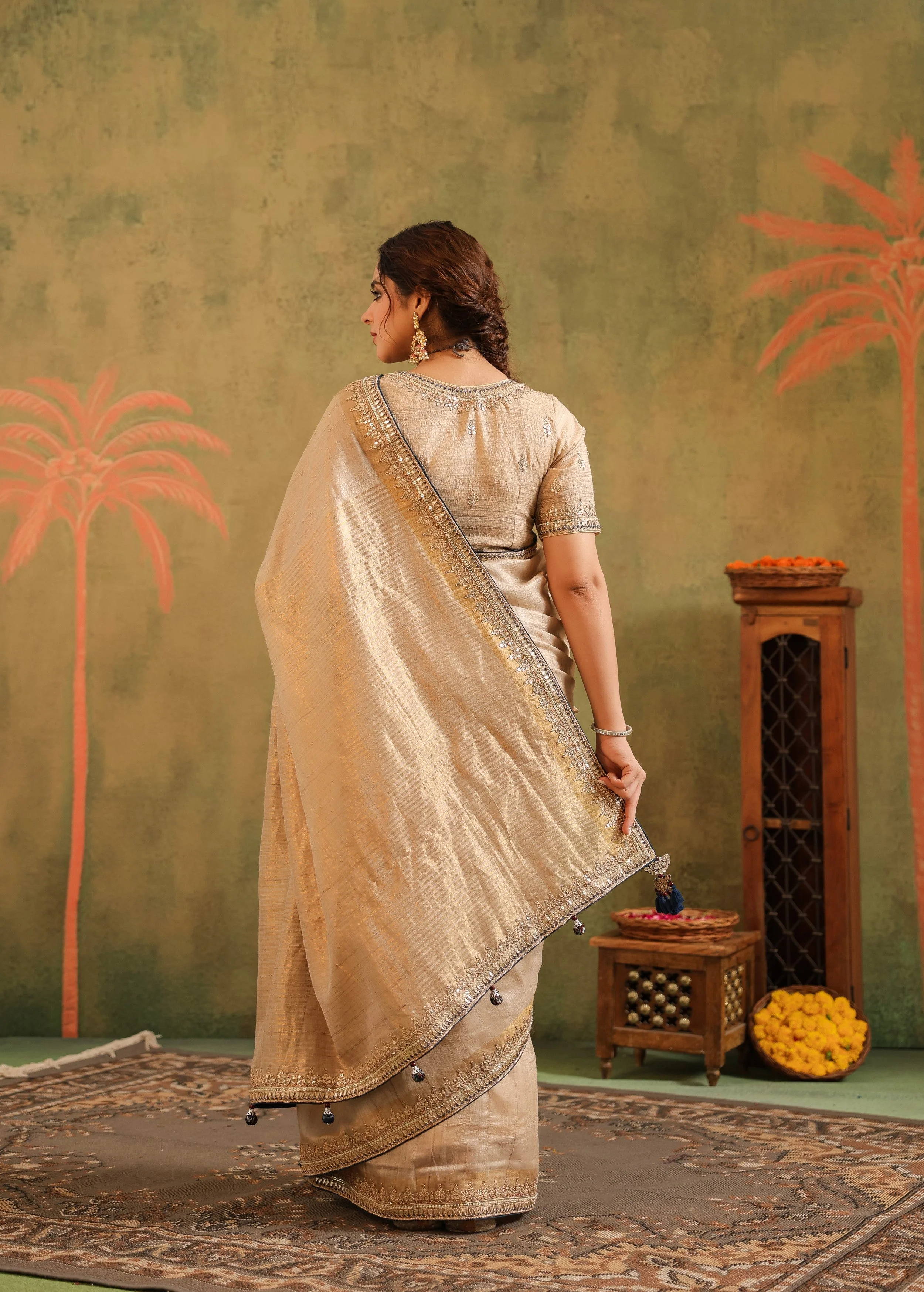 Champagne Gold Embellished Premium Silk Saree - Image 8
