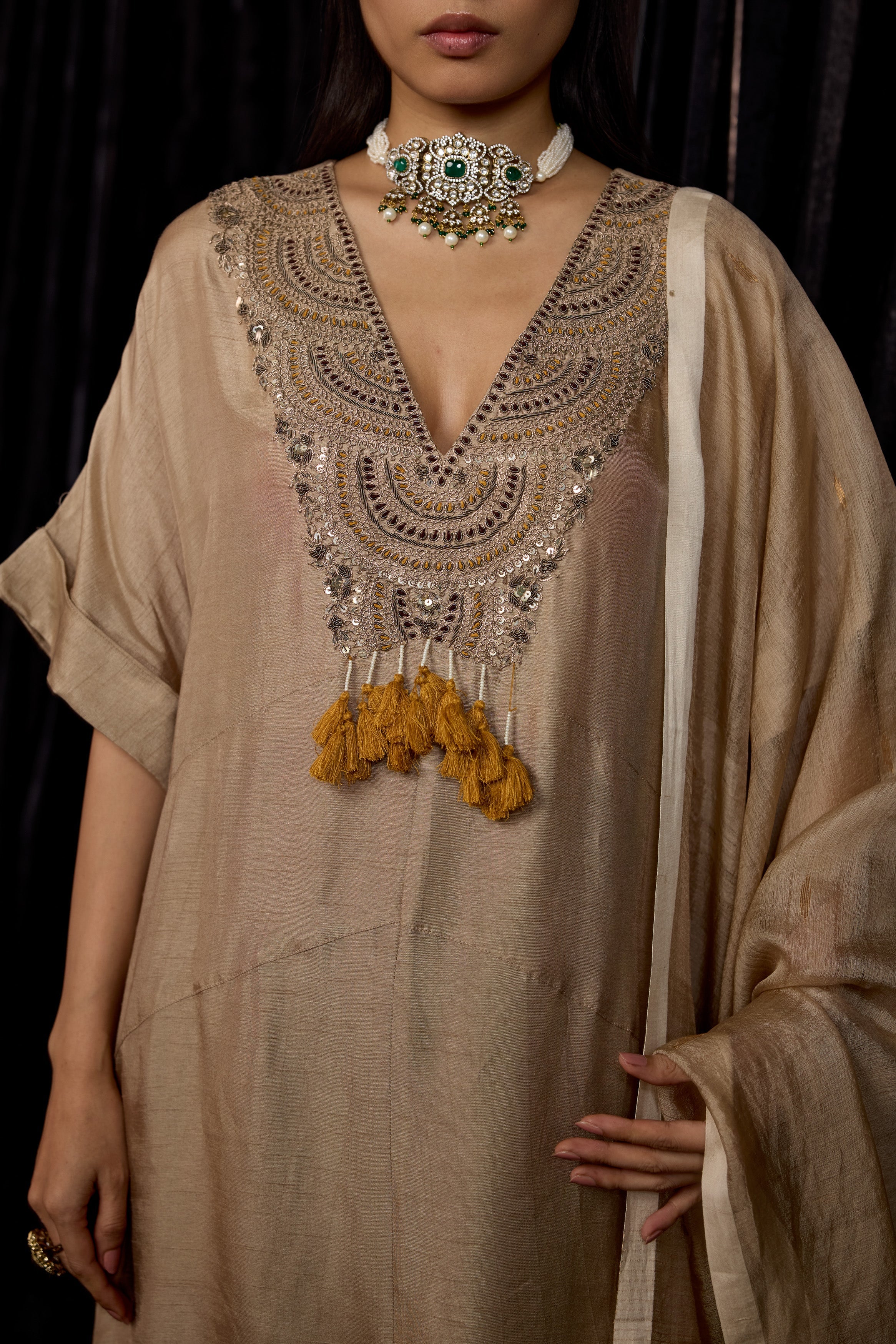 Champagne Gold Embellished Raw Silk Pant Set - Image 2