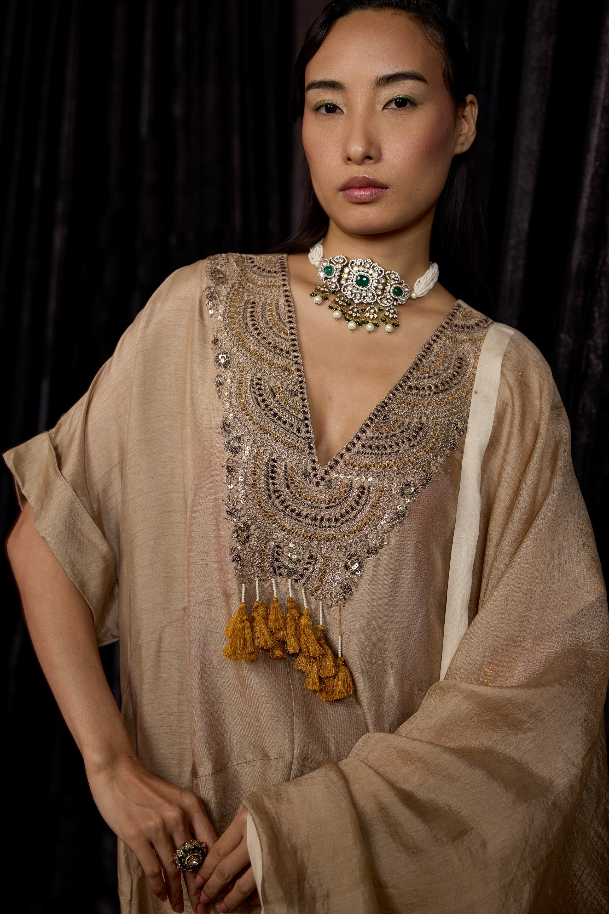 Champagne Gold Embellished Raw Silk Pant Set - Image 3
