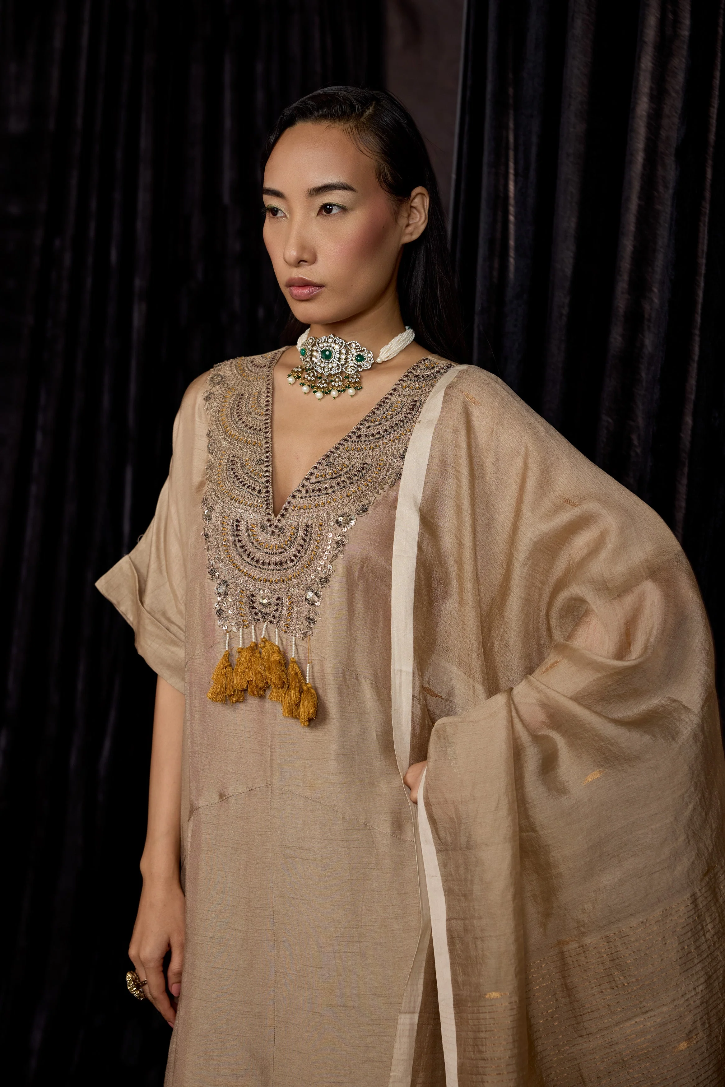 Champagne Gold Embellished Raw Silk Pant Set - Image 4