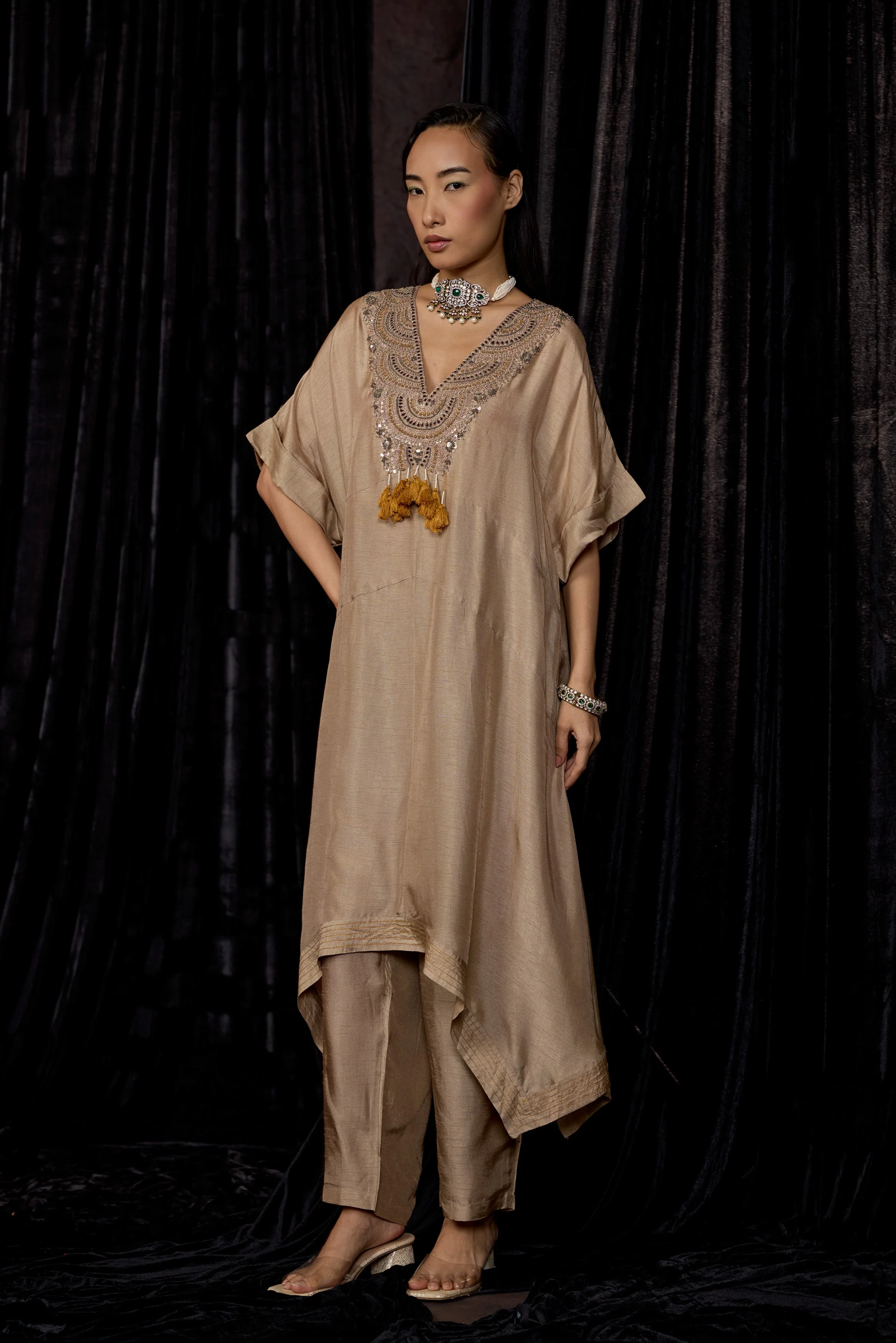 Champagne Gold Embellished Raw Silk Pant Set - Image 5