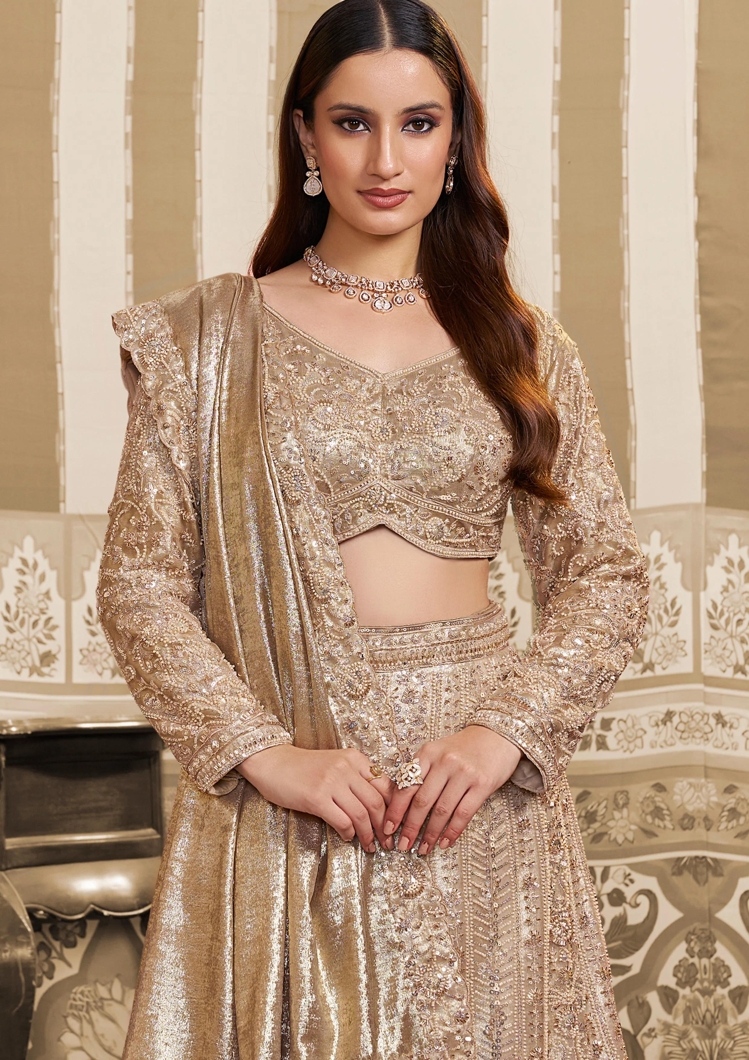 Champagne Shimmer Embellished Satin Silk Lehenga Saree - Image 3