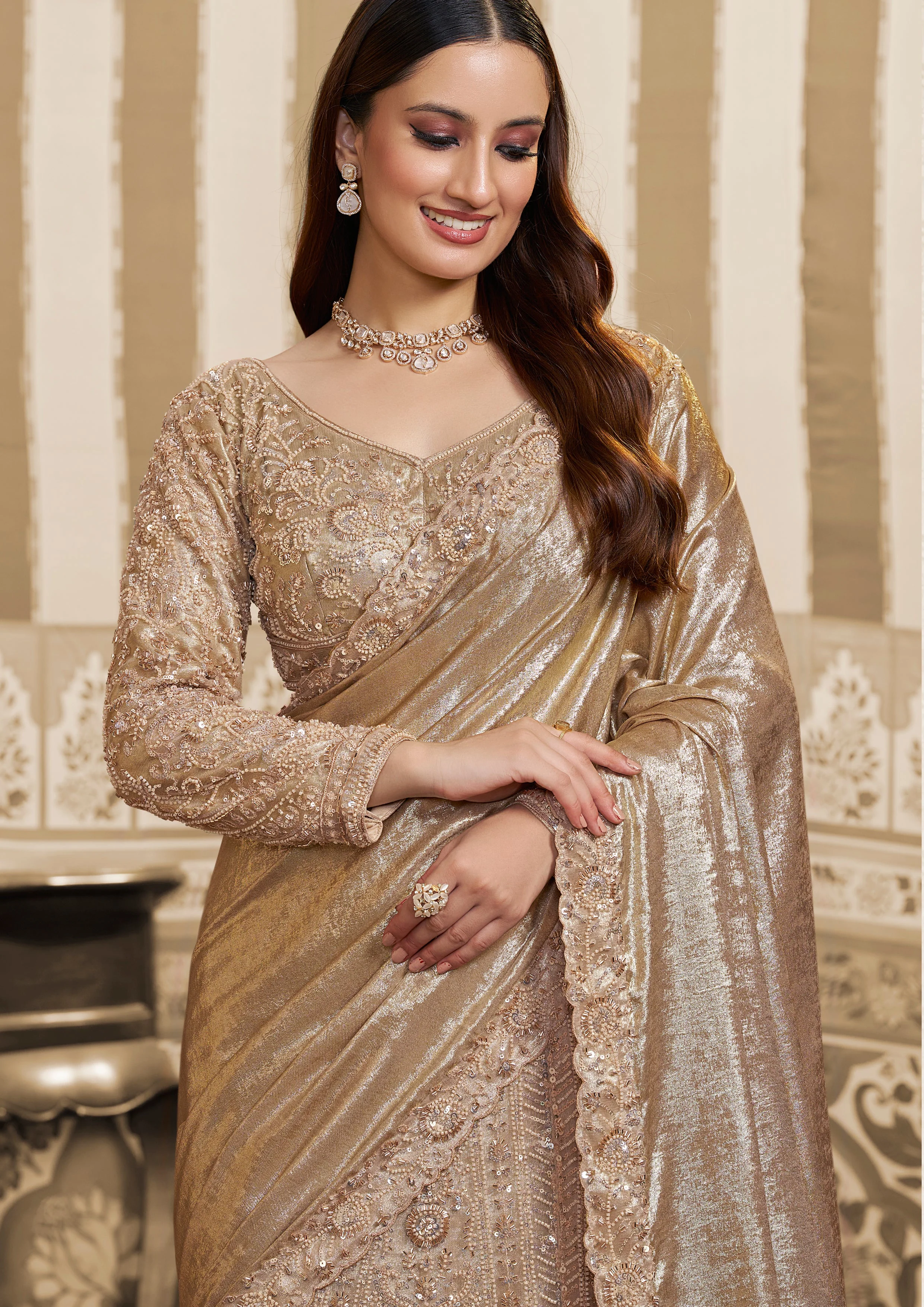Champagne Shimmer Embellished Satin Silk Lehenga Saree - Image 4
