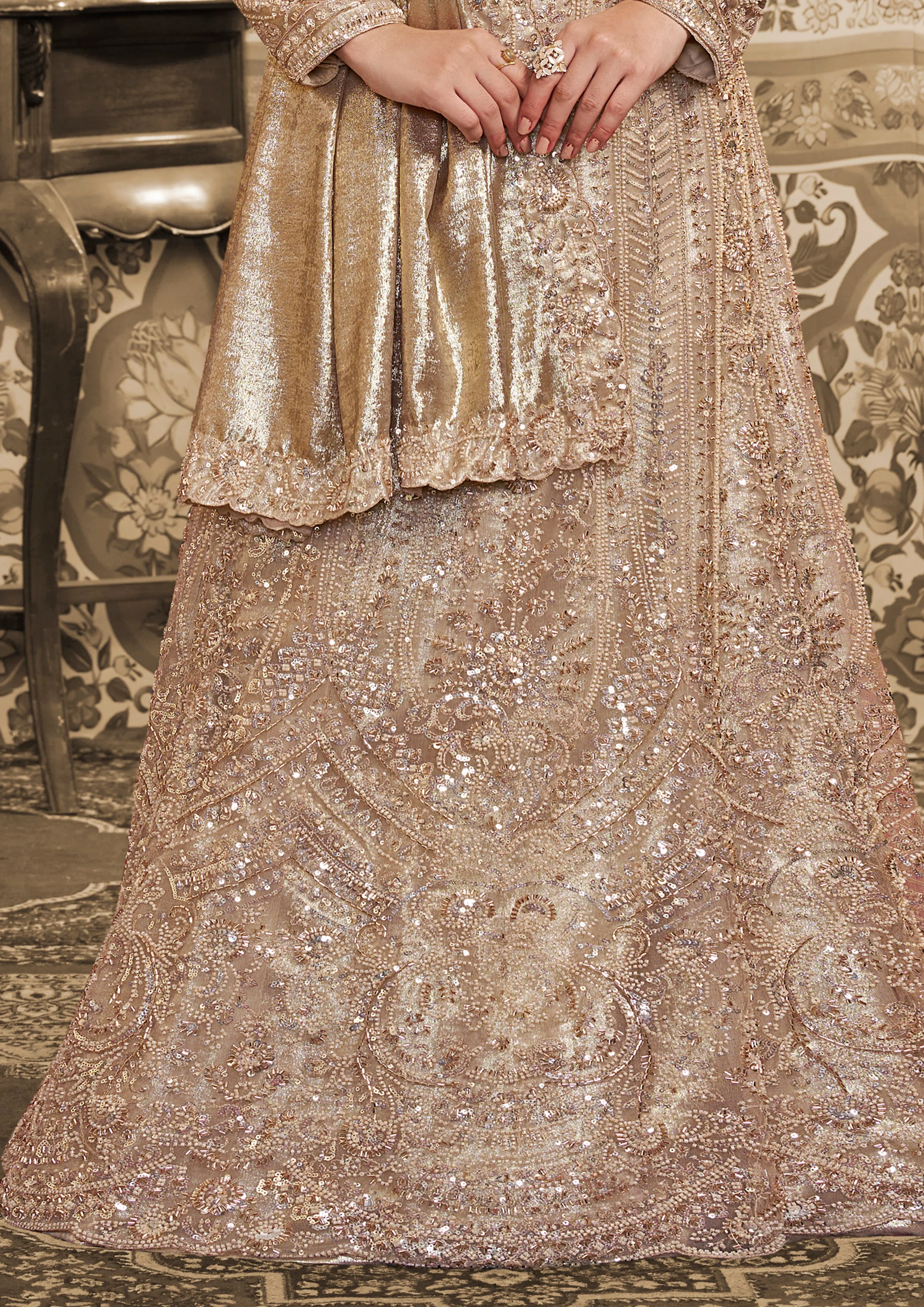 Champagne Shimmer Embellished Satin Silk Lehenga Saree - Image 5