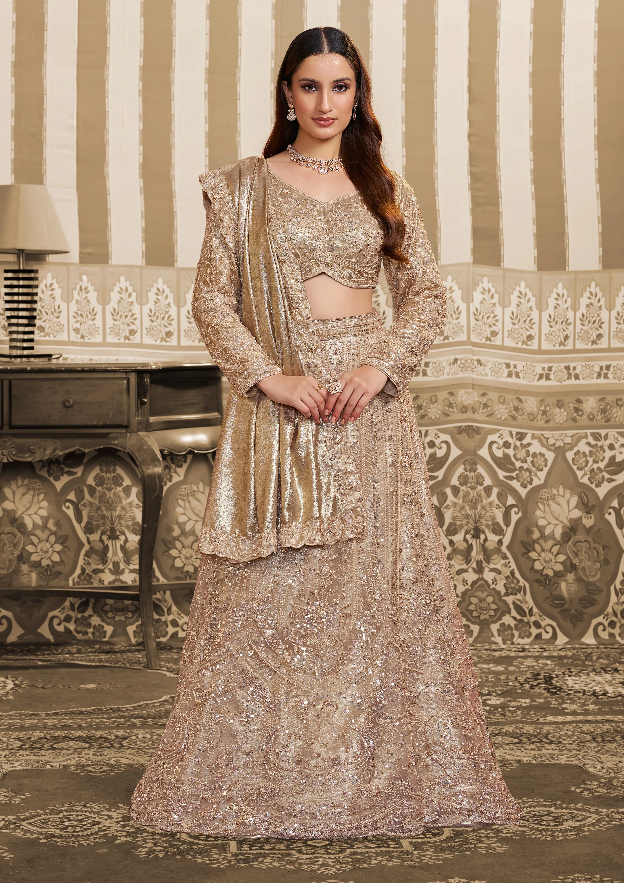 Champagne Shimmer Embellished Satin Silk Lehenga Saree - Image 6