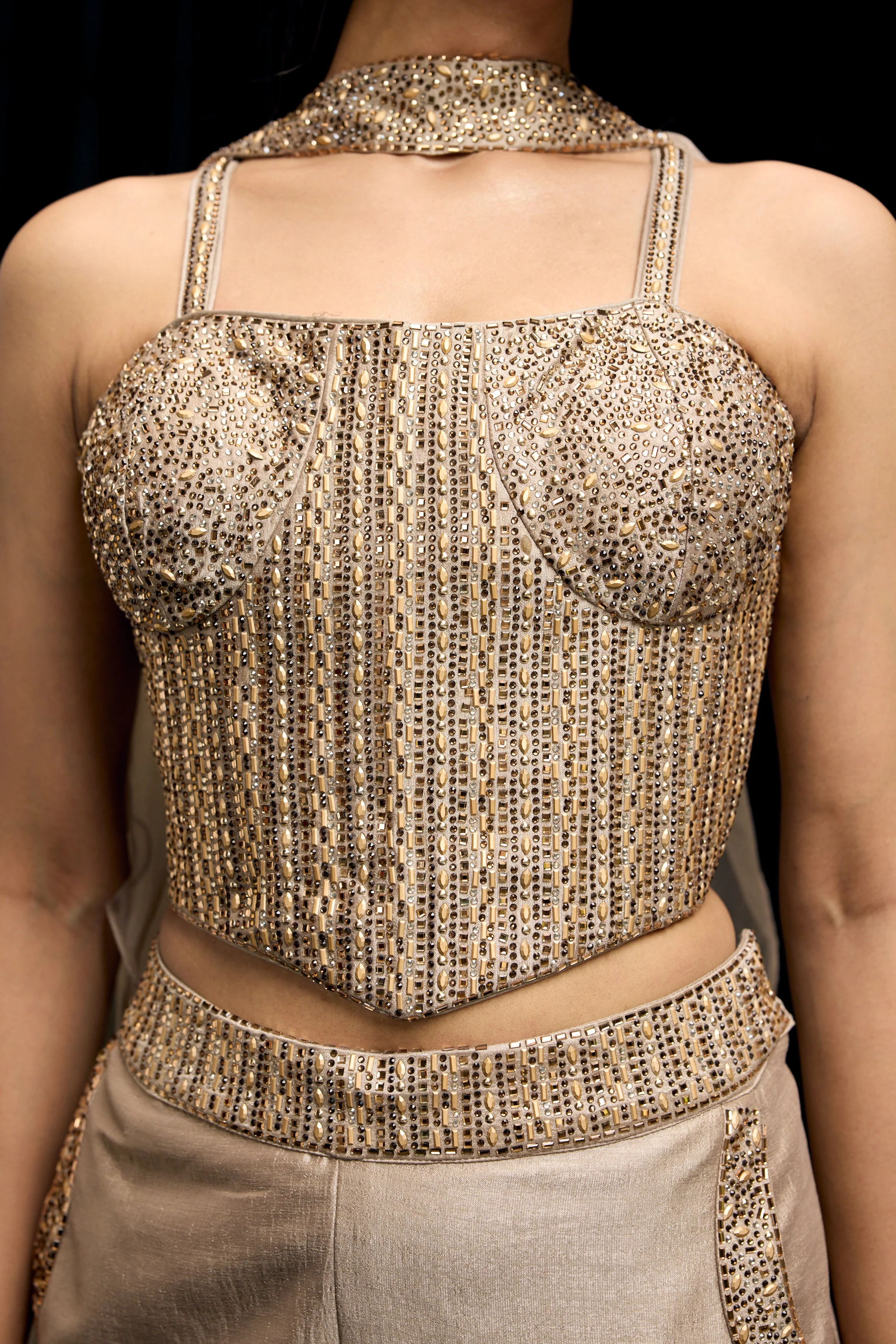 Champagne Gold Embellished Shimmer Tissue Silk Palazzo Set - Image 2
