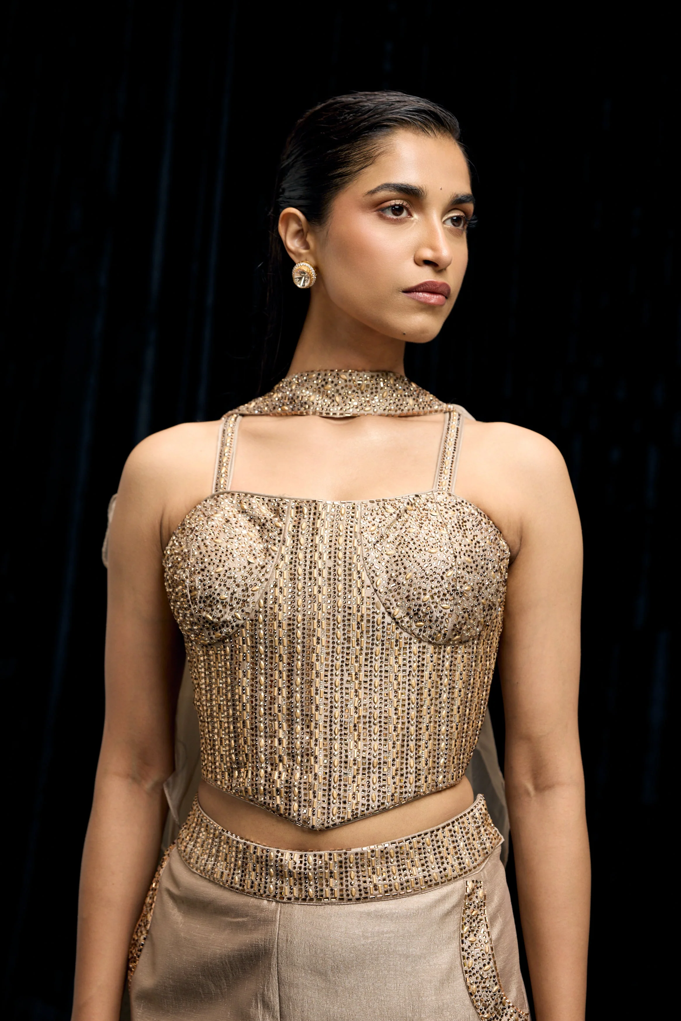 Champagne Gold Embellished Shimmer Tissue Silk Palazzo Set - Image 3