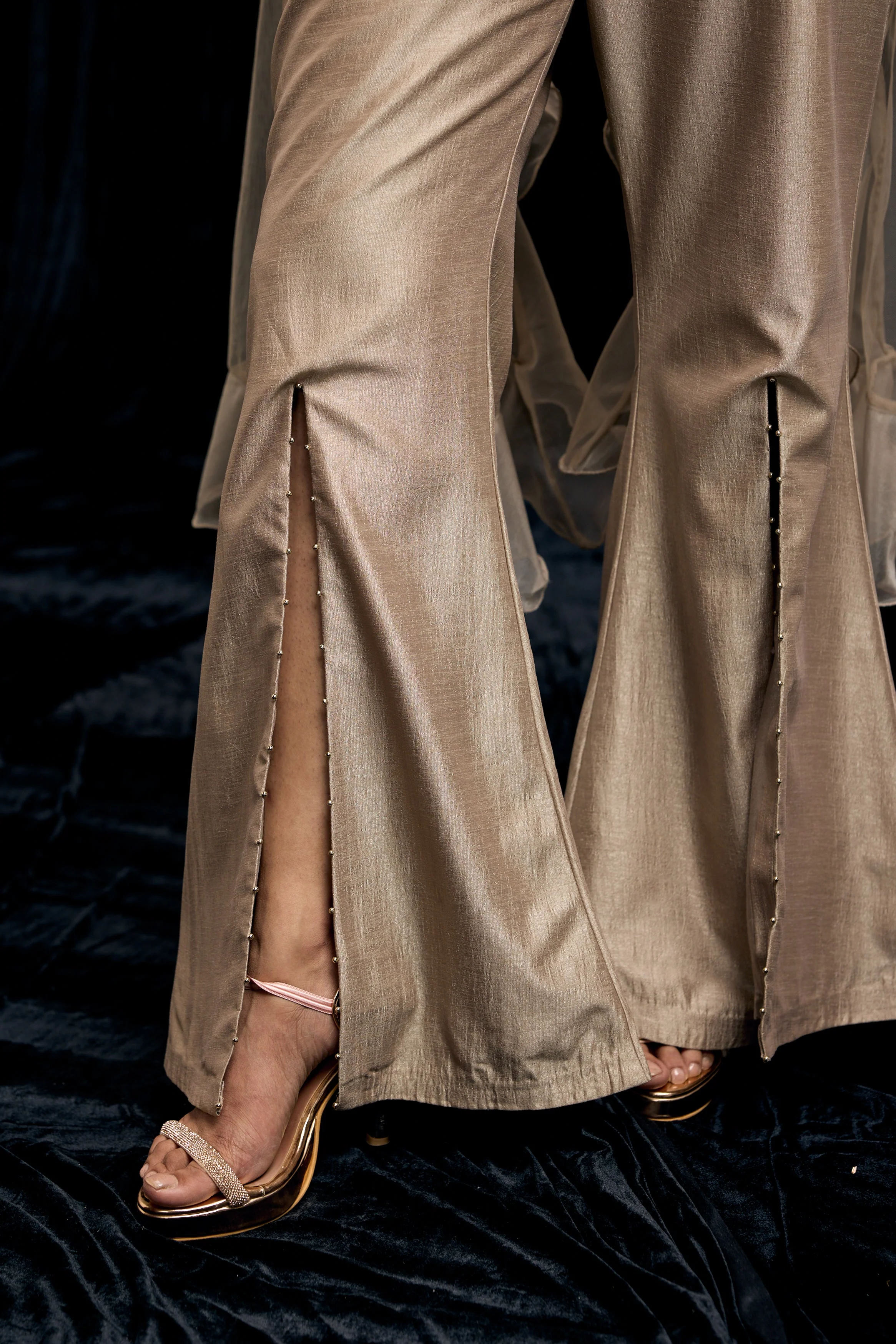 Champagne Gold Embellished Shimmer Tissue Silk Palazzo Set - Image 5