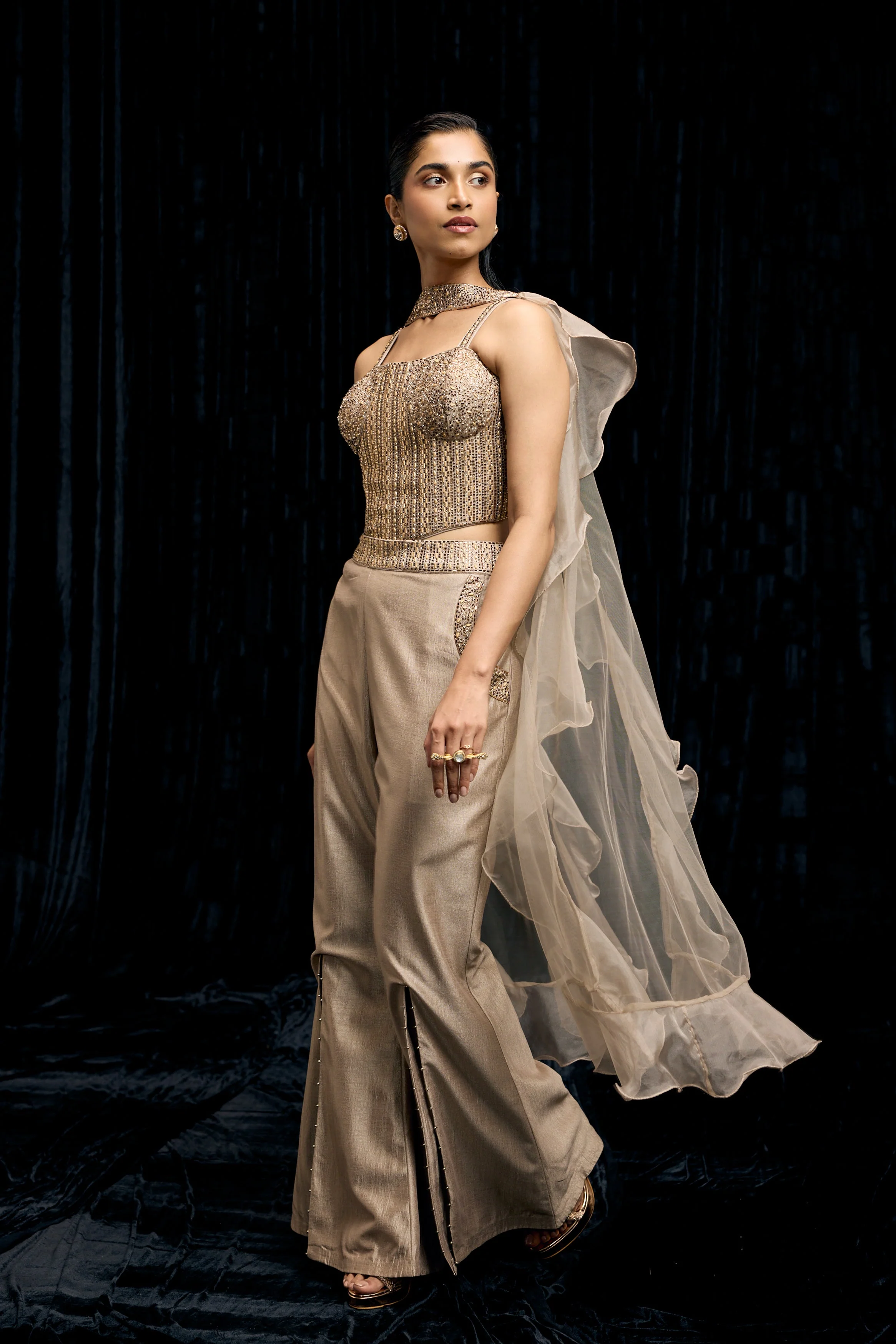 Champagne Gold Embellished Shimmer Tissue Silk Palazzo Set - Image 7