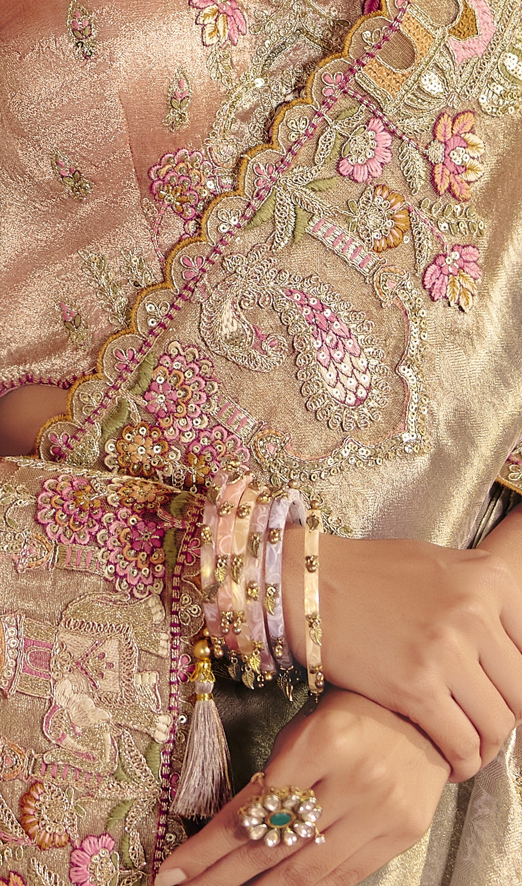 Antique Gold Embellished Shimmer Tissue Silk Saree - Image 3