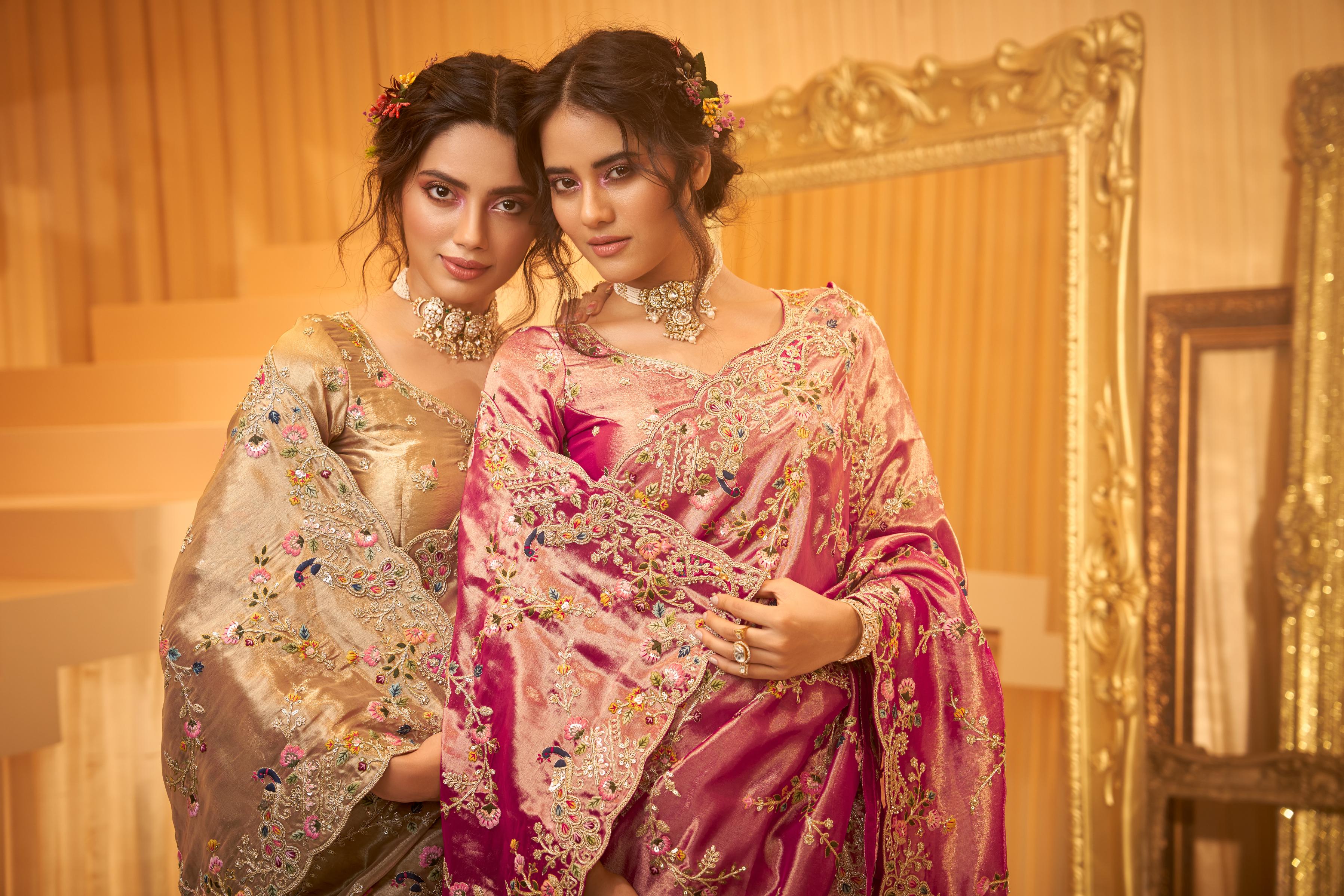 Royal Pink Embellished Shimmer Tissue Silk Saree - Image 2