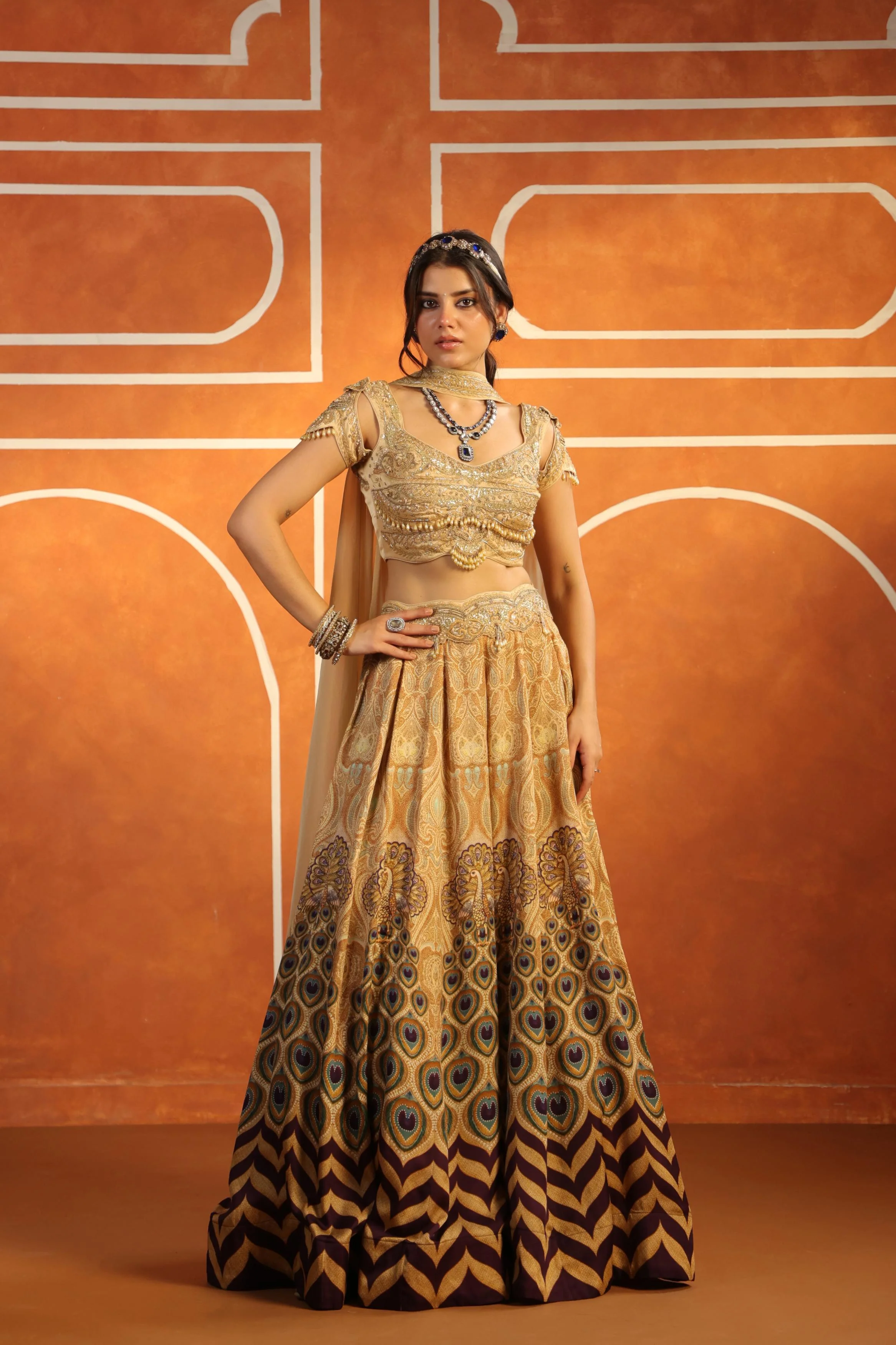 Champagne gold Embroidered Linen Satin Silk Lehenga - Image 2