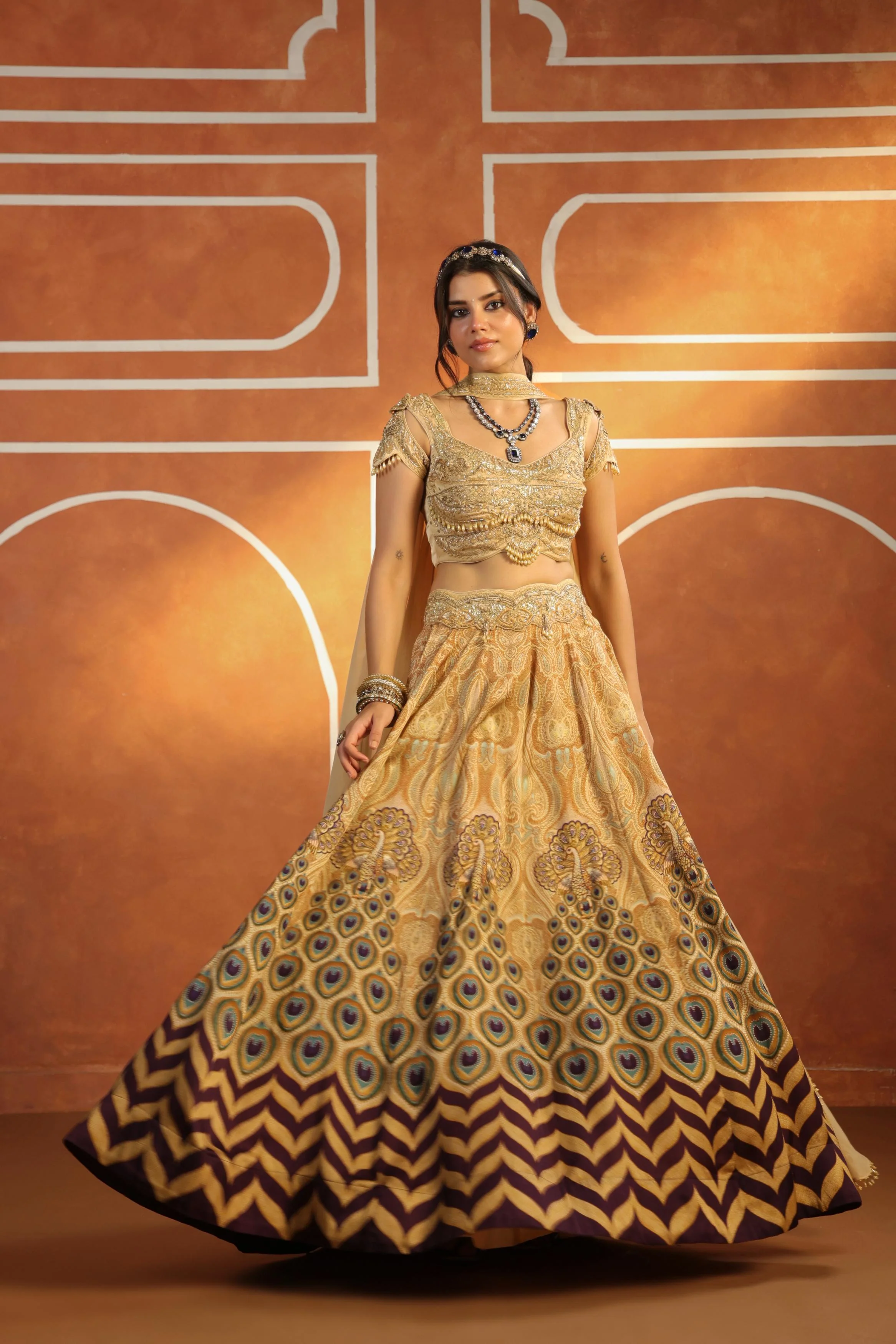 Champagne gold Embroidered Linen Satin Silk Lehenga - Image 3