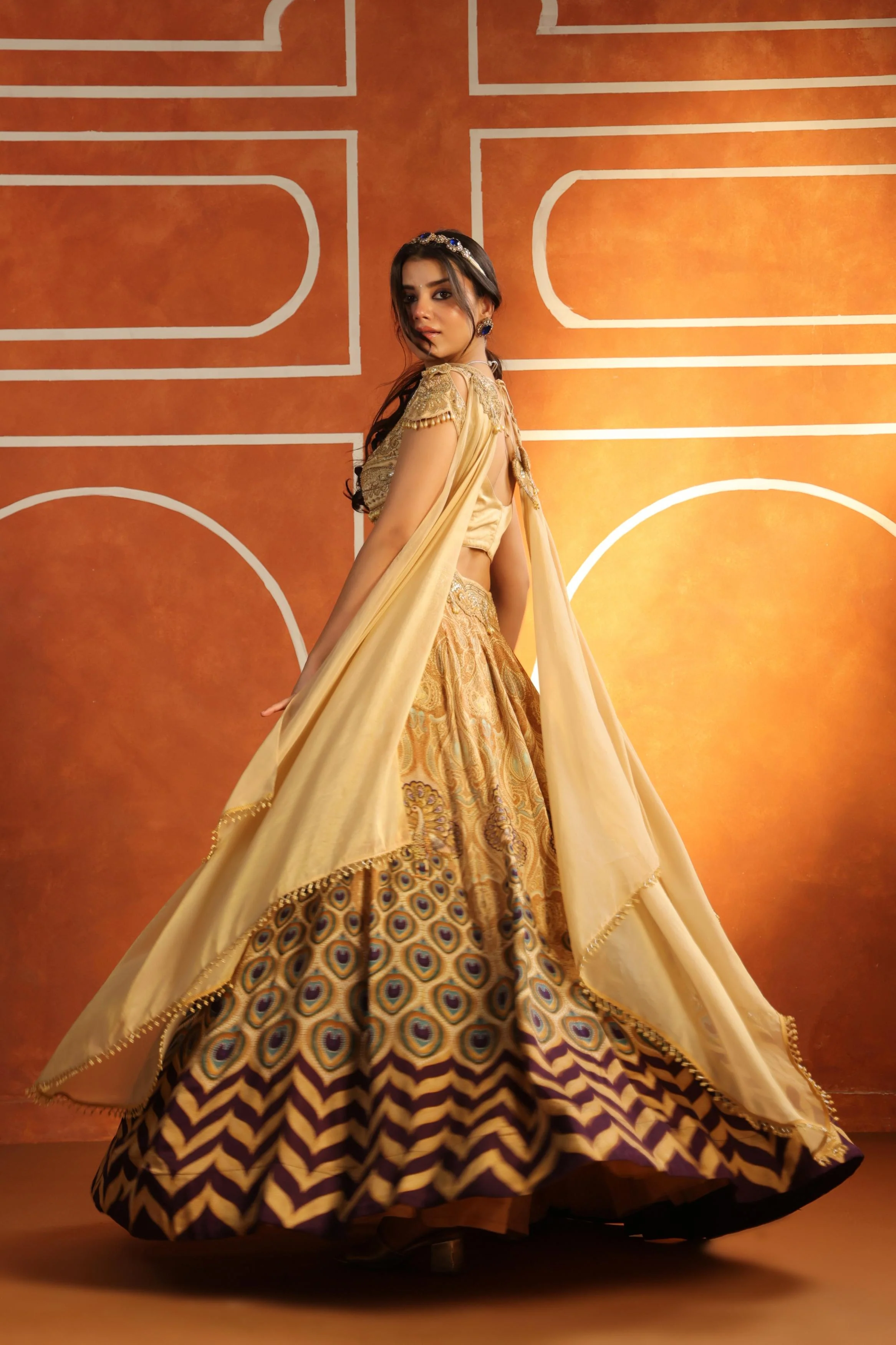 Champagne gold Embroidered Linen Satin Silk Lehenga - Image 4