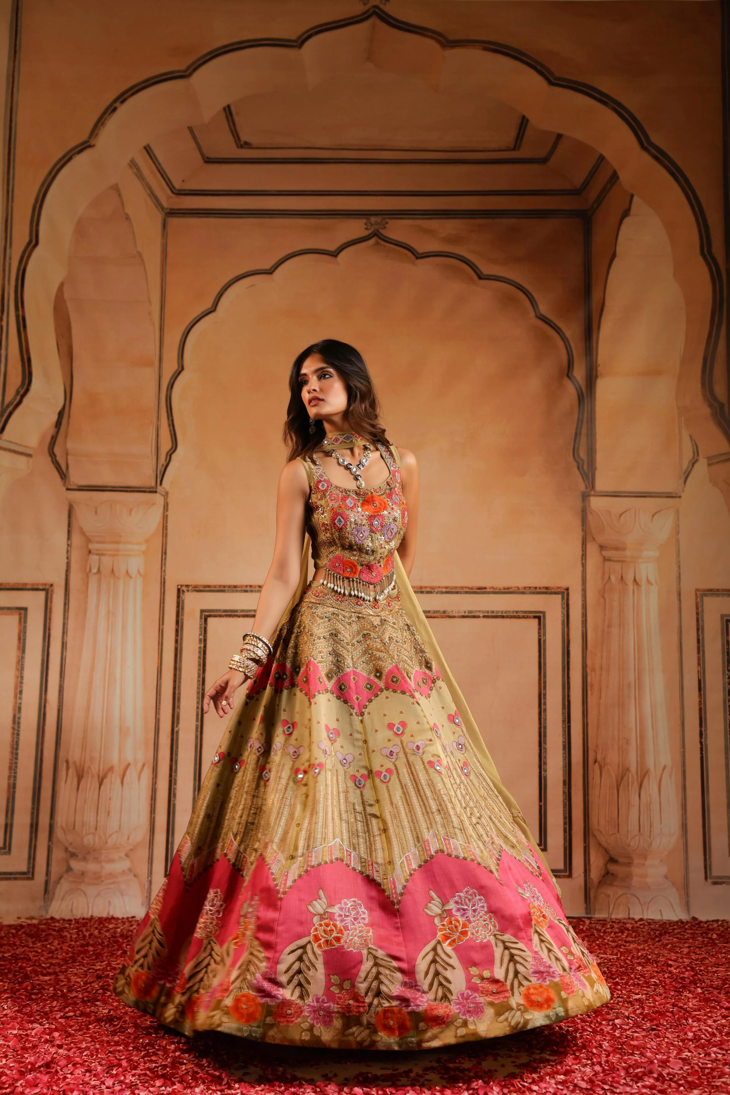 Champagne Gold Embellished Linen Satin Lehenga Set