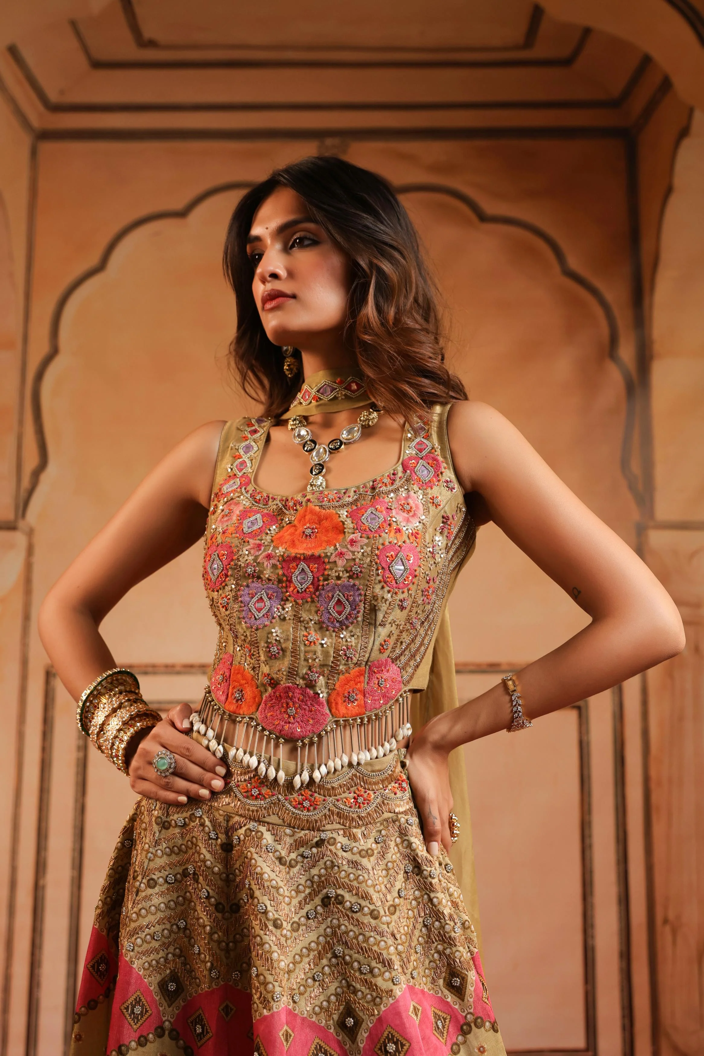 Champagne Gold Embellished Linen Satin Lehenga Set - Image 2