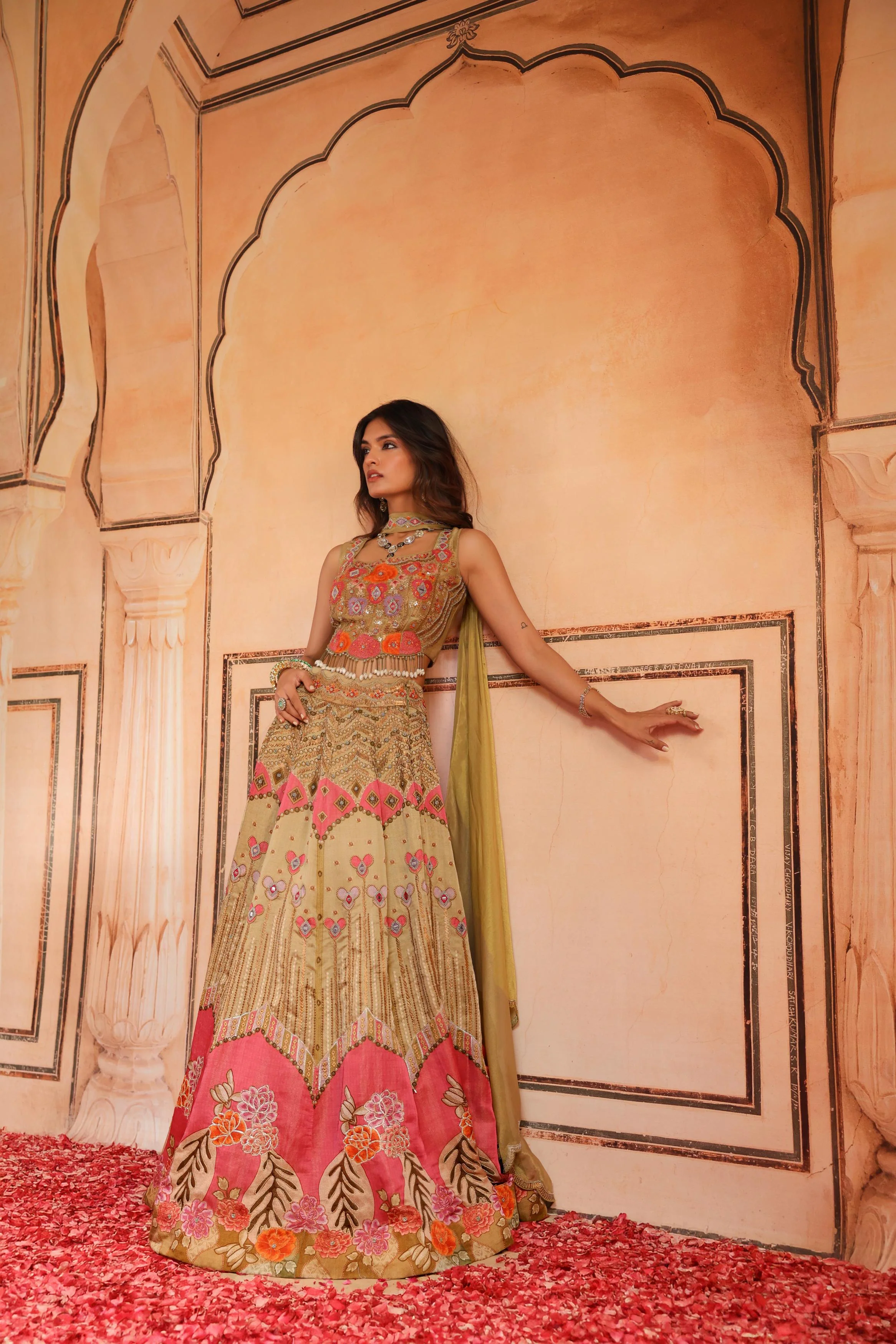 Champagne Gold Embellished Linen Satin Lehenga Set - Image 4