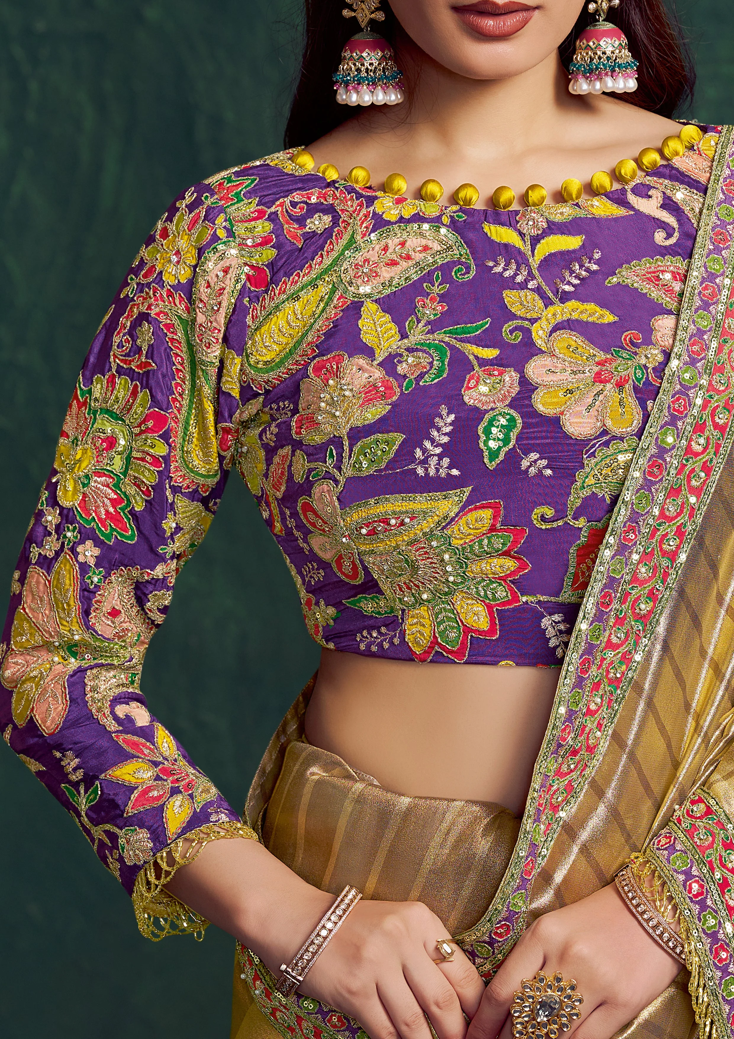 Champagne Gold Embroidered Shimmer Tissue Silk Saree - Image 2