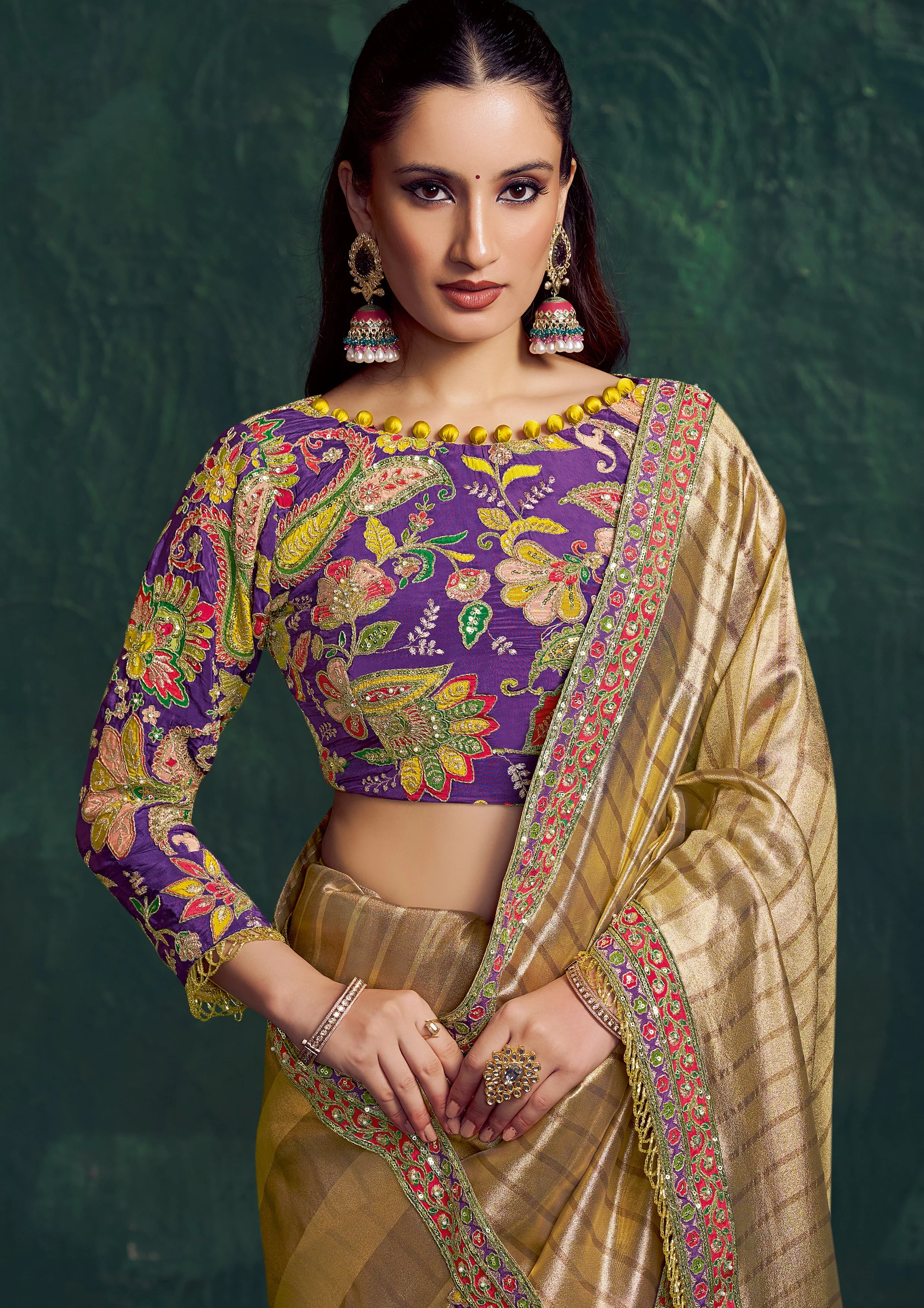 Champagne Gold Embroidered Shimmer Tissue Silk Saree - Image 3