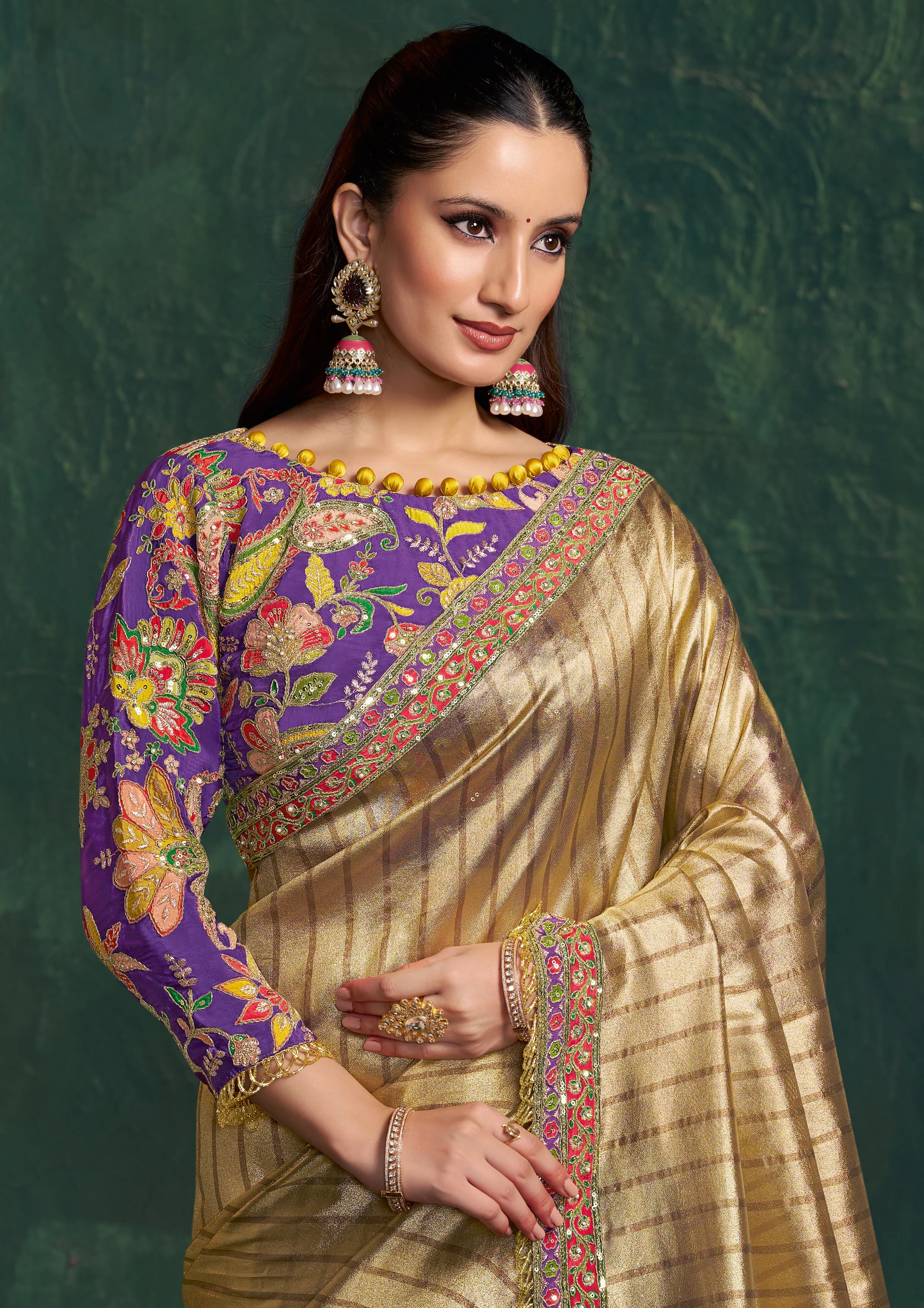Champagne Gold Embroidered Shimmer Tissue Silk Saree - Image 4