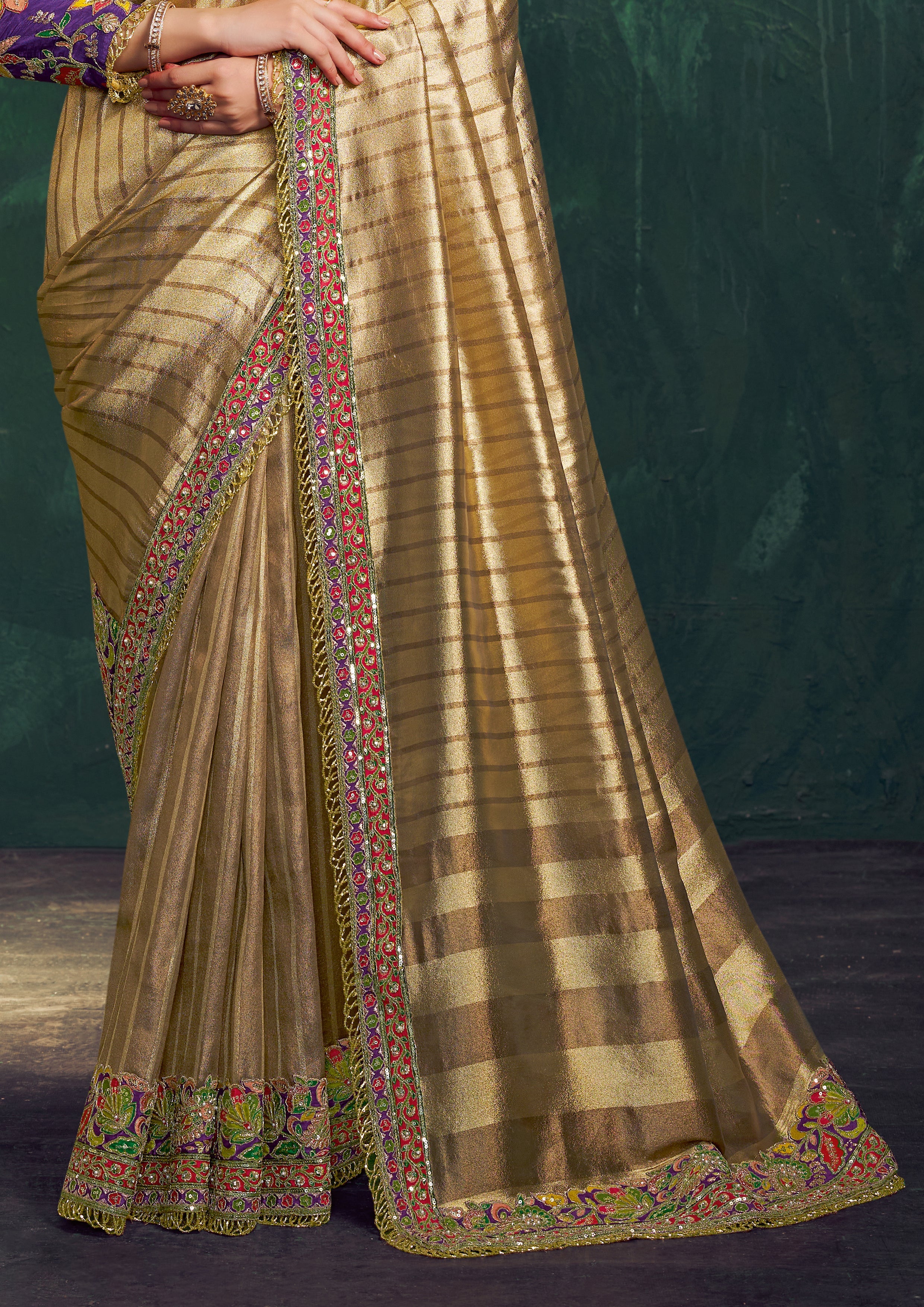 Champagne Gold Embroidered Shimmer Tissue Silk Saree - Image 5