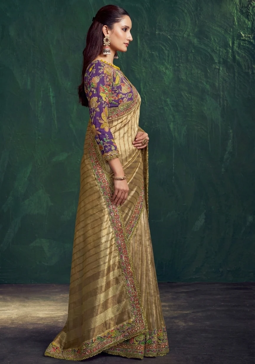 Champagne Gold Embroidered Shimmer Tissue Silk Saree - Image 6