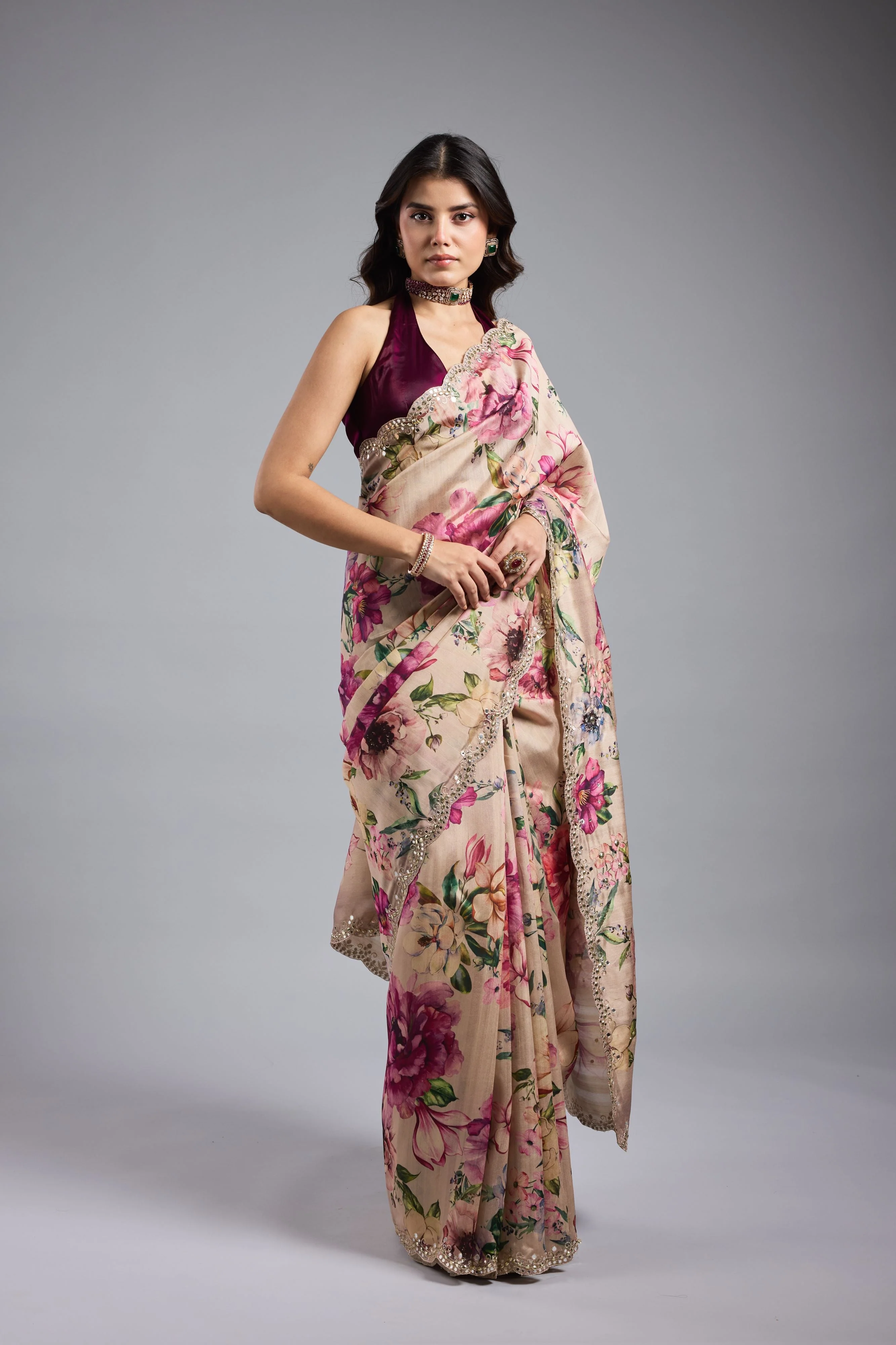 Champagne Gold Floral Printed Saree - Image 3