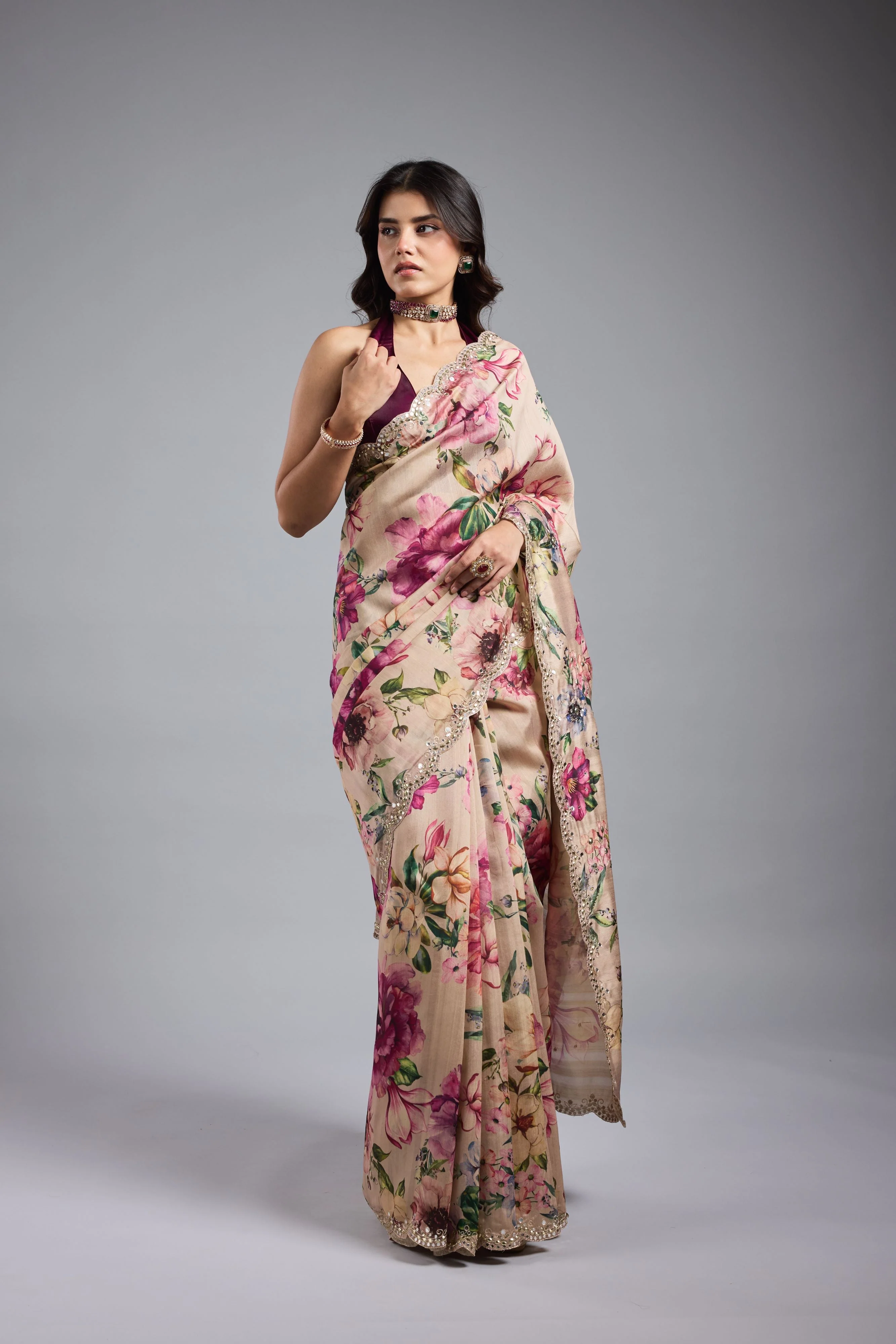 Champagne Gold Floral Printed Saree - Image 4